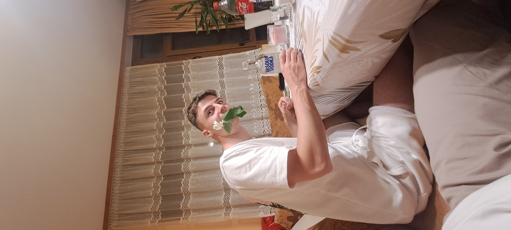 A man is sitting at a table indoors. He is holding a sprig of white flowers and green leaves in his mouth. He is wearing a white t-shirt and white shorts. He is seated at a table covered with a patterned tablecloth. On the table are bottles of Coca-Cola and Absolute Vodka, along with some glasses. There is a curtained window in the background. The location is likely indoors in Burgas, Bulgaria, due to the presence of Absolute Vodka.