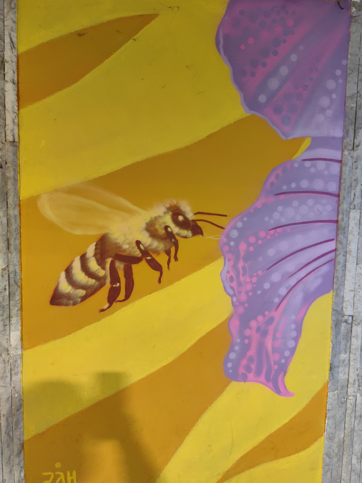 The image depicts a mural on a wall, possibly exterior, in Sofia, Bulgaria. The mural features a honeybee in flight, approaching a partially visible purple flower. The background is a striped pattern of yellow and gold. The mural is bordered on the sides by a grey, stone-like material. A signature, "PAH", is visible in the bottom left corner of the mural.