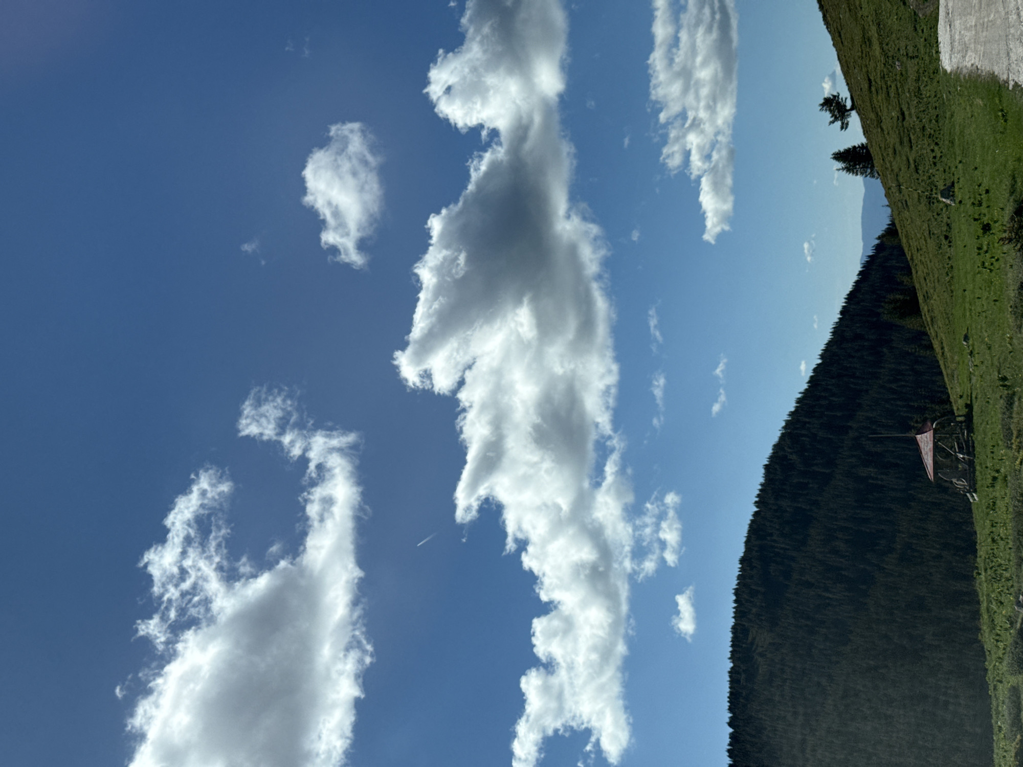 The image depicts a mountainous landscape with a clear blue sky filled with white, fluffy clouds. A dense forest covers a hillside in the background, while the foreground features a grassy slope. A small, rustic wooden structure with a red roof is situated on the hillside, partially obscured by vegetation. A dirt path is visible on the right side of the frame. The scene suggests a remote, natural setting. The location is identified as being in the city of Gela, Bulgaria. There are no people or animals visible in the image.