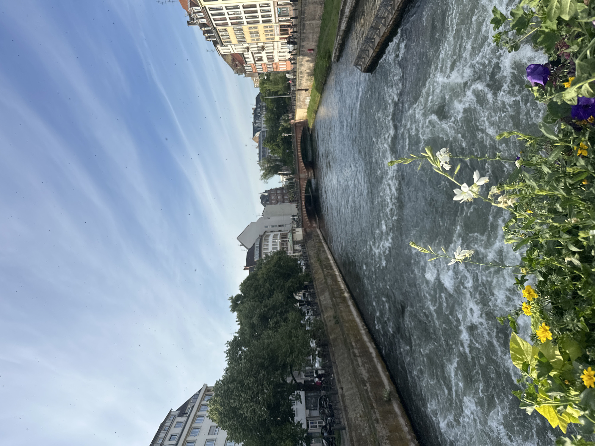 The image shows a canal flowing through Strasbourg, France, likely the Ill River. The water is turbulent, with white water visible. The canal is lined with stone walls. Buildings are visible on both sides of the canal. Flowers are in the foreground. A bridge spans the canal in the mid-ground. The sky is light blue with wispy clouds.