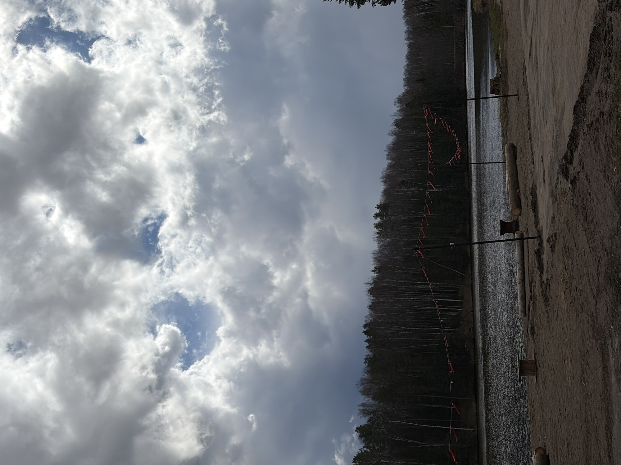 This outdoor landscape scene, set in Mishkino, Russia, features a body of water, a forested shoreline, and a partly cloudy sky. The upper portion of the image is filled with a dynamic sky, characterized by a mix of bright white and gray cumulus clouds. Several patches of clear blue sky are visible between the clouds, indicating varying light conditions, likely daytime.
A dense forest, appearing to consist mainly of bare deciduous trees, lines the far bank of the expansive body of water, which occupies the middle ground. The water's surface shows ripples and reflects the light.
In the foreground, a wide, unpaved dirt or sandy bank stretches alongside the water. Several dark-colored utility poles or posts are erected along this bank and extend into the water. A line, possibly a rope or cable, is strung between some of these poles, from which numerous small, bright red flag-like markers or buoys are suspended over the water. These markers suggest a designated area or boundary, potentially for a water event, a swimming zone, or to mark an underwater feature.
Two large, debarked wooden logs lie horizontally on the dirt bank in the foreground, and a smaller wooden block is visible closer to the water's edge. There are no people visible in the image, and no specific activity is taking place, though the presence of the marked line implies preparation for future events. No visible text is present.