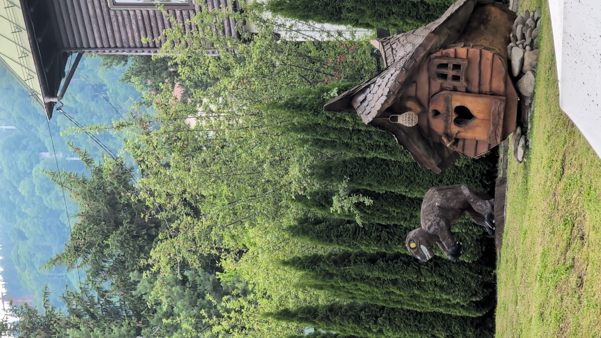 The image depicts an outdoor scene in Sinaia, Romania, featuring a whimsical garden setting. In the foreground, a wooden sculpture of a dinosaur, with yellow eyes and a gaping mouth, stands on a grassy area. To its right is a small, rustic wooden structure, resembling a birdhouse or a miniature cabin, adorned with a heart-shaped cutout on its door and a small woven lantern hanging above. A row of tall, dark green evergreen trees forms a backdrop, with lush foliage and trees on a hillside in the distance. A portion of a wooden building, likely a house, is visible on the right side of the frame, characterized by horizontal wooden logs and a green roof. The overall atmosphere is one of a quaint, natural environment with decorative elements.