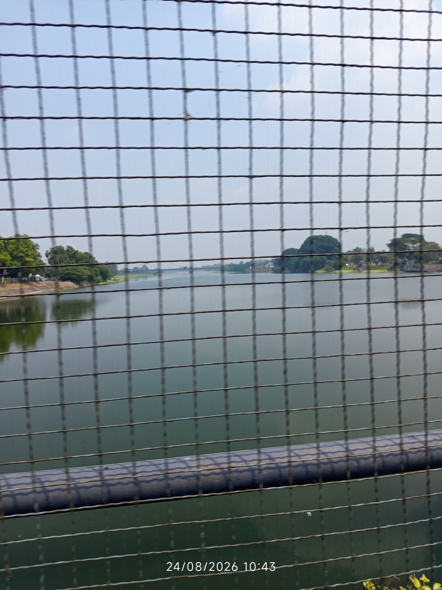 A wire fence obscures a view of a tranquil body of water, likely a reservoir or lake, on a clear day. The water's surface is calm, reflecting the pale blue sky and the lush green trees that line the far bank. The trees are densely packed, forming a vibrant green barrier against the horizon, with some scattered buildings peeking through. The fence, made of intersecting wires, creates a grid-like pattern across the entire image. A dark, cylindrical object, possibly a railing or pipe, runs horizontally across the lower portion of the frame, also covered by the fence. The bottom right corner of the image displays a timestamp: "24/08/2026 10:43". The scene evokes a sense of peacefulness, with the water and greenery suggesting a natural or park-like setting within or near the city of Lengkong, Indonesia.