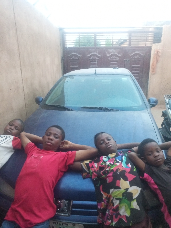 Four children are posing on the hood of a blue sedan car, which takes up a significant portion of the image. The children appear to be of primary school age, lying or leaning casually on the car's hood with their hands behind their heads, looking directly towards the camera.
From left to right:
The first child on the far left is partially visible, wearing a white t-shirt with a black design.
The second child, in the center, wears a red t-shirt.
The third child wears a colorful t-shirt with a floral or abstract pattern in black, pink, yellow, and green.
The fourth child on the far right is also partially visible, wearing a dark (possibly black or dark gray) t-shirt.
The car is a blue sedan, likely a Peugeot, as suggested by the partial logo on the grille and the visible text on the license plate. The front of the car, including the hood, windshield, wipers, and an antenna on the roof, is clearly visible.
In the background, behind the car, there is a brown, ornate metallic gate or large door. To the left of the car and gate, a plain, light-colored wall is visible. To the right of the car, a portion of another vehicle (possibly a motorcycle or scooter) is visible, and a piece of orange or brown fabric hangs on a wall.
The scene appears to be outdoors in a courtyard or enclosed space during daytime. The lighting is bright but soft, suggesting it might be overcast or early/late in the day. The children's expressions are calm and focused on the camera.
The text "NIGER" is clearly visible on the car's license plate, indicating the photograph was taken in Nigeria.