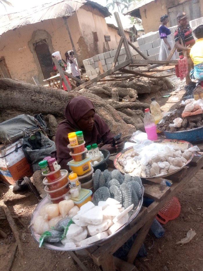 This image depicts an outdoor market scene in Kpak, Nigeria. In the foreground, a woman wearing a brown hijab and garment is seated, looking down at a dark-colored mobile phone held in her left hand. She is positioned behind a low wooden table displaying various goods for sale.
On the table, multiple stacks of clear plastic containers with colorful lids (yellow, red, green) are arranged, holding various items. Two large metal trays contain bulk goods: one tray holds numerous irregular white solid objects, some partially enclosed in clear plastic, while another tray contains multiple grey, textured, oval-shaped items. A smaller bowl of dark, loose material and two plastic bottles, one containing pink liquid and another a pale yellow liquid, are also present. To the left of the woman, a black bag or tarp and an orange and white cylindrical container are visible.
The midground features a large mass of exposed tree roots and stacked grey concrete blocks. Crude wooden structures, possibly scaffolding or supports, are erected amongst the blocks.
In the background, several single-story buildings constructed of mud or clay with corrugated metal roofs are visible, showing signs of wear. Multiple individuals are present, including one person in a white top and purple head covering near a building, and another person in a striped shirt and dark cap interacting with an individual wearing a yellow top and patterned skirt. Distant vegetation, including palm-like trees, is visible. The ground throughout the scene is unpaved dirt.