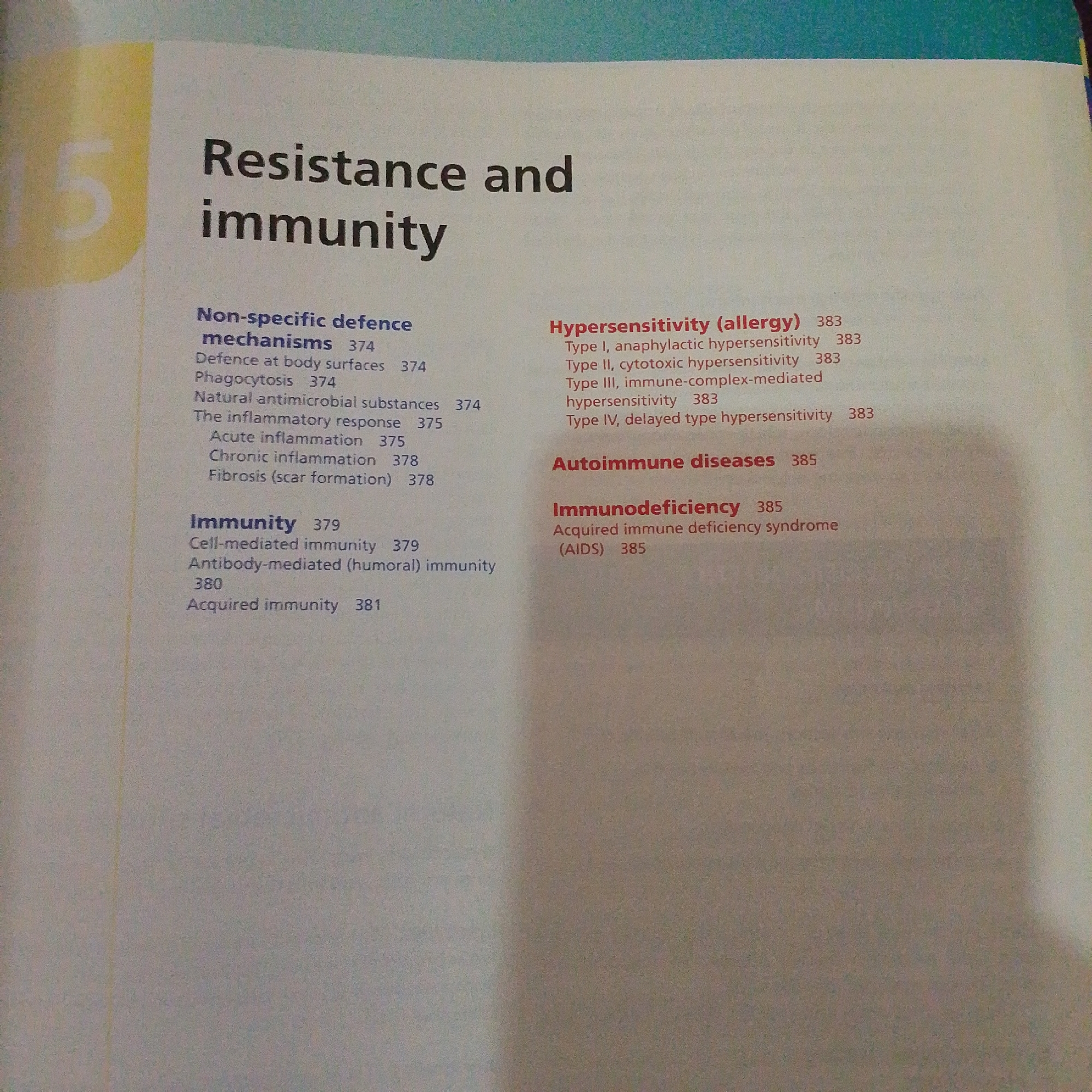 The image shows a page from a book with the chapter title "Resistance and immunity". The page contains a list of topics and their corresponding page numbers, organized into sections such as "Non-specific defence mechanisms", "Hypersensitivity (allergy)", "Immunity", "Autoimmune diseases", and "Immunodeficiency". There is no information in the image that relates to the city of Jalingo, Nigeria, or any specific location.