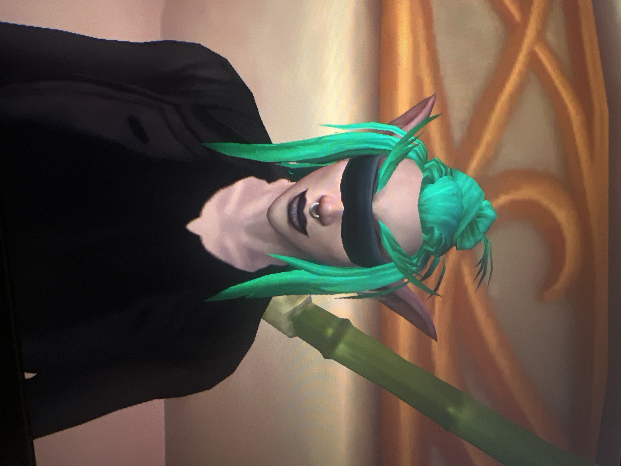 The image depicts a digital rendering of a character with green hair, a black blindfold, and pointed ears. The character has pale skin, dark lipstick, and a nose ring. They are wearing a dark, seemingly black, garment. A green object, possibly a staff or a bamboo shoot, is visible in the lower part of the frame. The background appears to be an out-of-focus image, suggesting a stylized or digitally rendered environment. The location in the city of Sofia, Bulgaria is not present within this image.