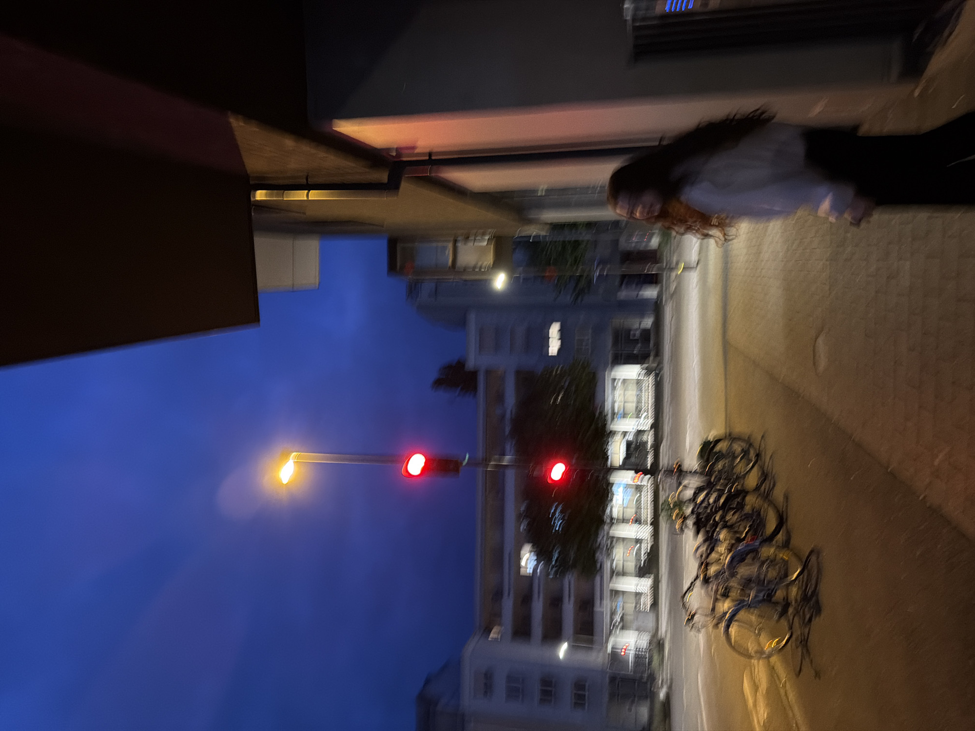 The image depicts a blurry street scene at dusk or night in Strasbourg, France. A young woman with long, curly red hair is standing on a sidewalk, looking over her shoulder. She is wearing a light-colored jacket and dark pants. To her left, a row of bicycles is parked. Across the street, there are buildings and streetlights, with a traffic light displaying red signals. The sky is a deep blue, suggesting twilight or nighttime. The overall impression is of a fleeting moment captured in motion, with the blur contributing to a sense of movement and atmosphere.