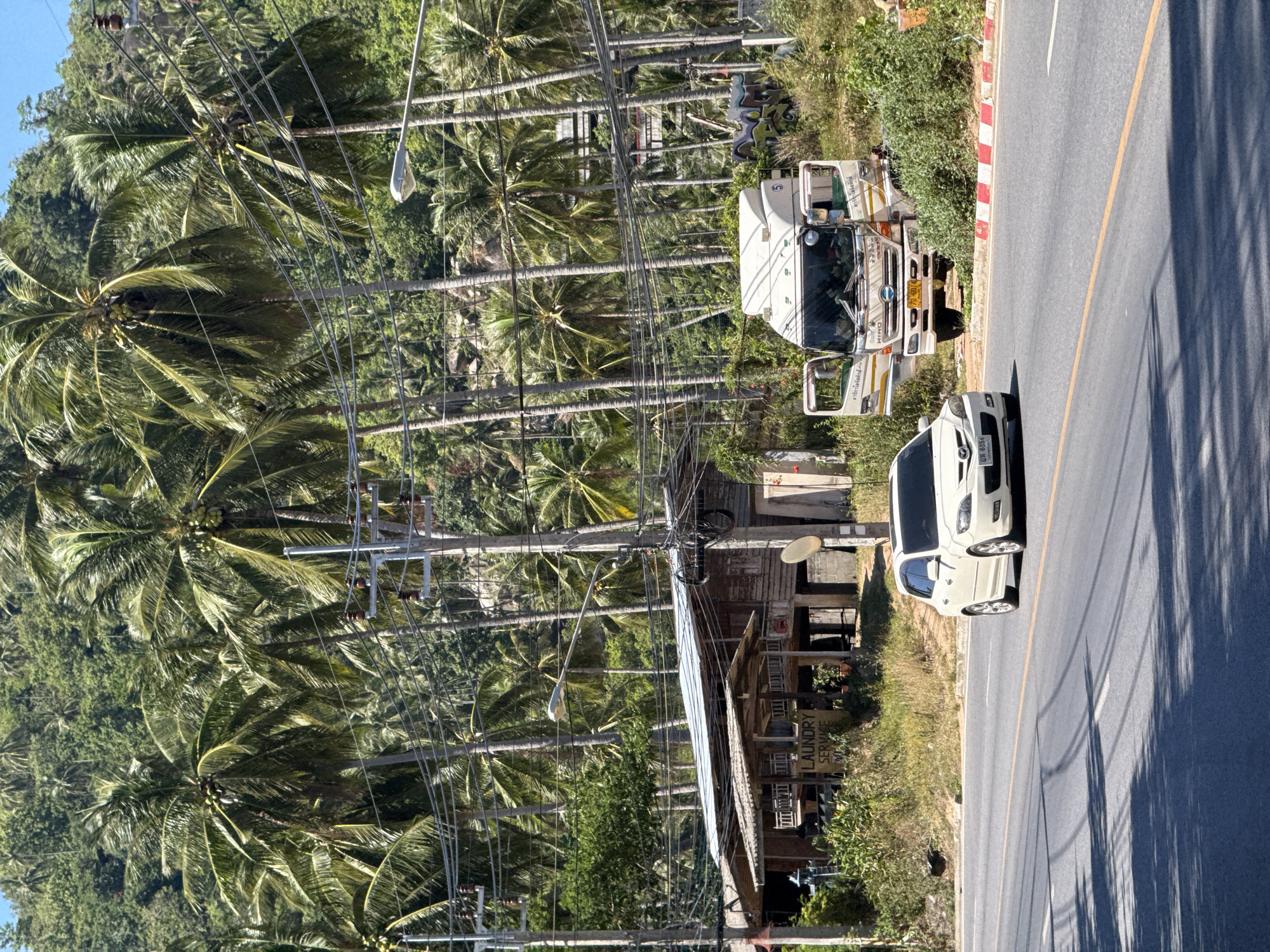 In the city of Ko Samui District, Thailand, a street scene unfolds under a bright sky, flanked by a dense forest of palm trees and a steep, vegetated hillside. A two-lane asphalt road dominates the foreground, with a white passenger car in the right lane and a white delivery truck parked on the right shoulder. The truck's doors are open, and it has a license plate that reads "70-6014". Beside the truck is a patch of overgrown greenery, and further back, a rustic wooden building with a sign that says "LAUNDRY SERVICE". Electrical wires crisscross the scene, supported by utility poles, and a street lamp is visible overhead. The overall impression is one of a tropical, somewhat undeveloped, roadside environment.