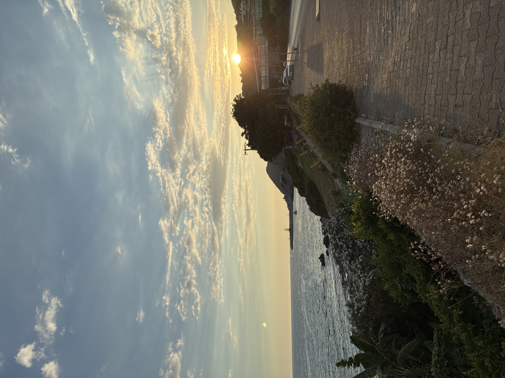The image depicts a sunset view along a coastal road in Alanya, Turkey. The sun is setting over the horizon, casting a warm glow on the sky and clouds. A calm sea stretches out to the left, with a rocky shoreline dotted with vegetation. A paved walkway runs along the right side of the road, with trees and buildings visible on the hillside beyond. A few cars are parked or driving on the road. The overall scene conveys a peaceful and picturesque evening atmosphere.