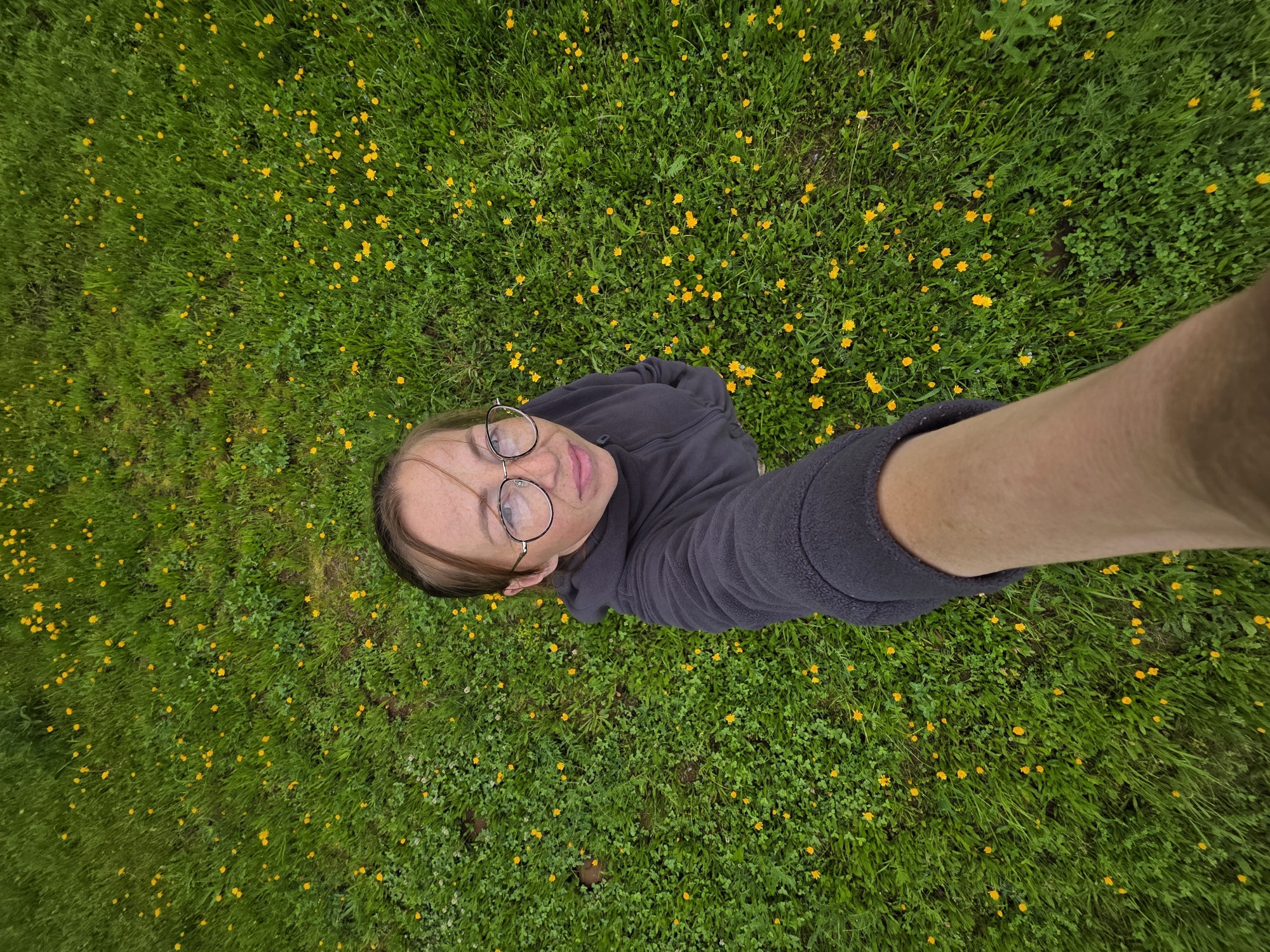 The image depicts a high-angle selfie of a female individual in a grassy outdoor environment in the city of Chaikovsky, Russia. The individual, positioned in the lower-center to right-center of the frame, has light brown hair, visible freckles, and is wearing round, thin-rimmed glasses. She is dressed in a dark grey or charcoal-colored hooded fleece jacket with a zipper. Her right arm, partially visible extending from the bottom-center, holds the camera or phone, capturing the upward gaze of her face. The background consists entirely of vibrant green grass intermingled with a dense scattering of small yellow flowers, characteristic of dandelions, and some clover-like vegetation. The perspective places the viewer looking down onto the subject and the extensively flowered lawn.