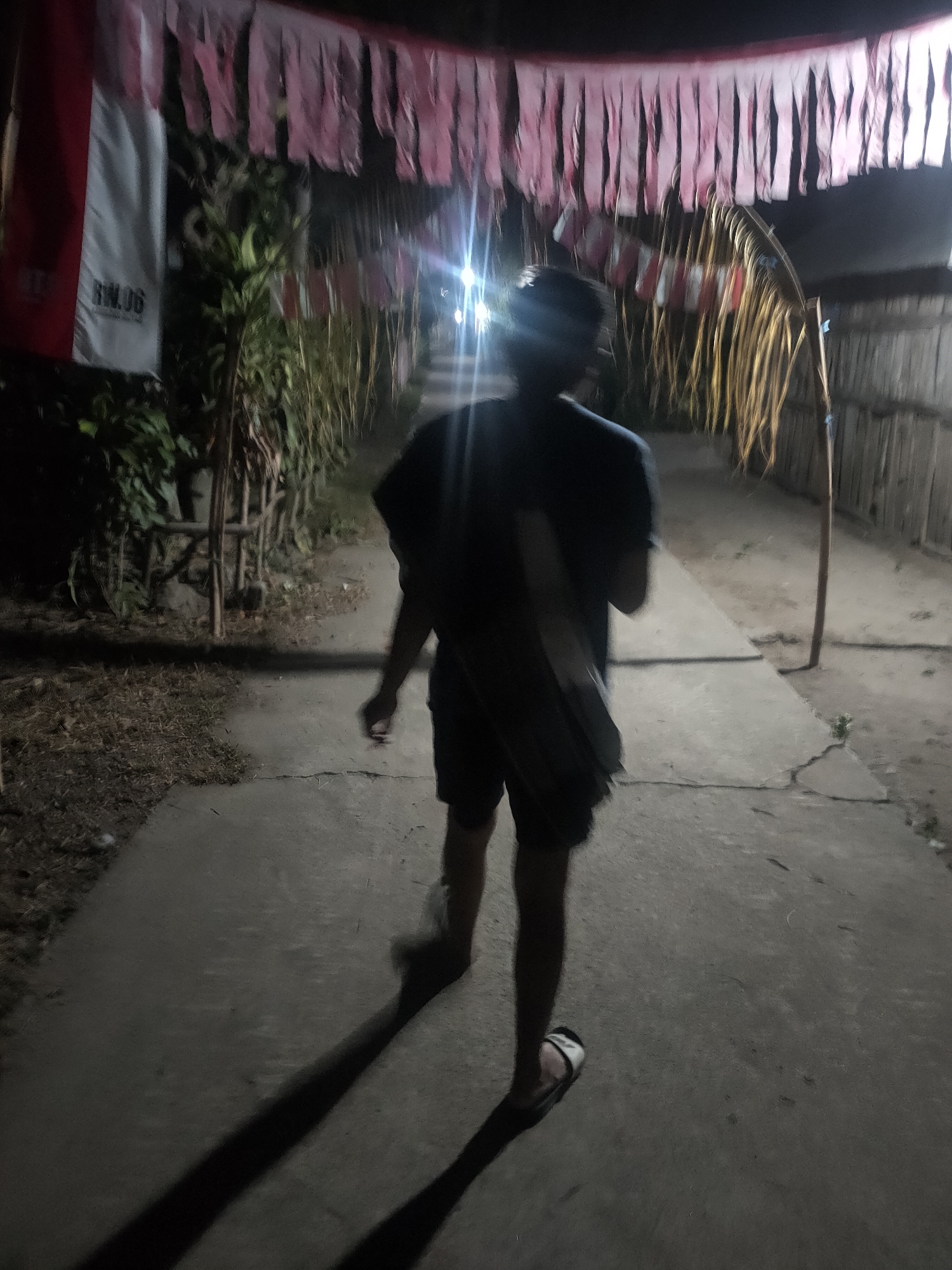 A person walks down a concrete path at night, illuminated by artificial lights. The path is bordered by dry grass and foliage on the left and a bamboo fence on the right. Above, a decorative archway made of woven palm leaves and fabric streamers hangs, with what appear to be Indonesian flags or banners further to the left. The overall impression is that of a festive or celebratory outdoor setting at night.