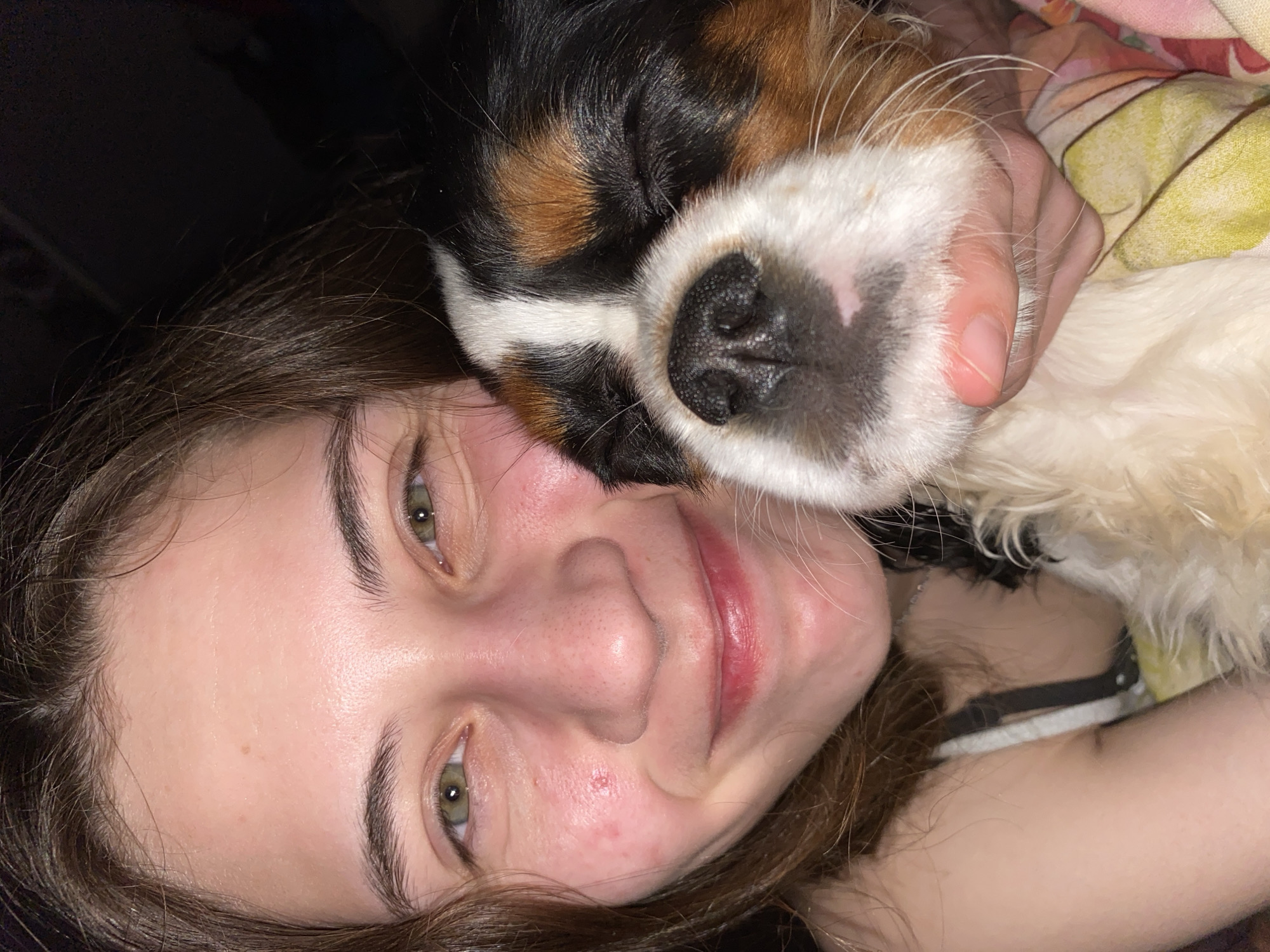 A close-up, intimately framed shot captures a moment of tender affection between a young woman and a dog. The woman, positioned at an angle, gazes upward with gentle green eyes and a subtle, content smile. She has fair skin with some minor blemishes and dark hair that frames her face. Part of her dark, possibly striped, top is visible.
Resting closely against the right side of her face is a tri-color dog, which appears to be a puppy or a small-breed dog. Its markings include black, white, and warm brown/tan patches. Its eye is closed, suggesting it might be dozing or simply deeply comfortable. Its prominent black nose is a central feature. A human hand, likely the woman's, is gently cupping the dog's head, further emphasizing the bond.
The scene is set indoors, under low light conditions, giving it a cozy and personal feel, possibly during the evening or night. A dark, indistinct background fills the upper left, while a glimpse of colorful, patterned fabric (likely a blanket or pillow) is visible on the far right behind the dog. The overall emotion conveyed is one of warmth, peace, and deep affection between the two subjects. No text is visible in the image. The provided context indicates the location is Votkinsk, Russia, although there are no visual cues within the image itself to confirm this.