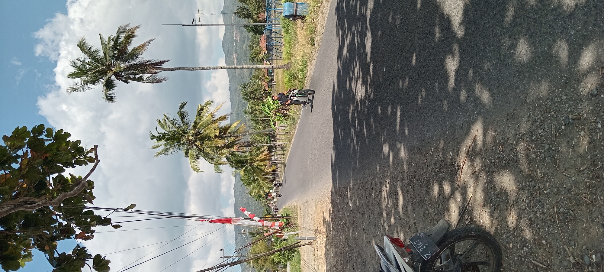 The image depicts a street scene in Karangpawitan, Indonesia, under a partly cloudy sky. The road is paved and runs through a rural or semi-rural area characterized by abundant coconut palm trees lining both sides. In the foreground, on the left side of the road, a portion of a parked motorcycle is visible, showing its rear wheel and license plate with the characters "Z 2147". The road is shaded by dappled sunlight filtering through tree canopies.
Further down the road, several other motorcycles are traveling in the same direction. A person on a white motorcycle is prominently featured in the mid-ground, riding towards the viewer. The person is wearing a dark top and light-colored pants. To the left of the road, there are utility poles with many wires, and a string of red and white Indonesian flags is hung on one of these poles. Beyond the road and trees, a hilly landscape forms the background. On the right side of the road, a blue bin or container is visible. The ground on the sides of the road is a mixture of dirt, gravel, and dry vegetation.