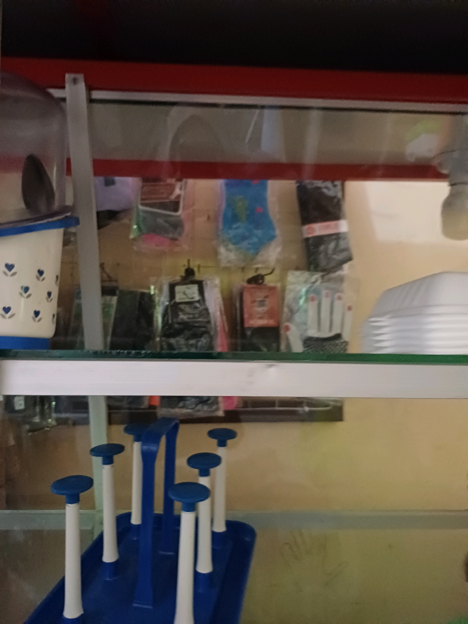 A high-angle, full shot shows a display shelf filled with various items, likely in a shop or market stall. The shelf is made of glass and is framed by red and white metal. On the top shelf, to the left, a white container with a blue rim and blue heart patterns holds what appears to be a spoon. Behind it, various items are visible, including what look like plastic gloves in packaging. To the right, a stack of white, ribbed disposable bowls or plates is present. The bottom shelf holds a blue drying rack with seven white and blue capped upright holders, designed for drying cups or glasses. The background appears to be a plain wall, and the overall lighting is moderate, suggesting an indoor setting. The image quality is somewhat blurry, making precise identification of some items difficult. This scene is consistent with a retail environment in Dumai City, Indonesia, potentially a kitchen supply store or a stall selling household goods.