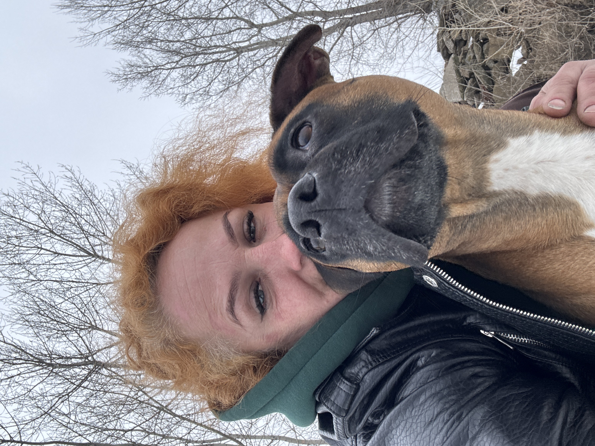 A woman with reddish-blonde, curly hair is holding a tan and black boxer dog in an outdoor setting. The woman is wearing a black leather jacket with a green hooded shirt underneath. The dog's head is positioned close to the woman's face, and its coat has a white patch on the chest. The background includes bare tree branches against a light gray sky. The location is implied to be Chaikovsky, Russia. A hand can be seen petting the dog.
