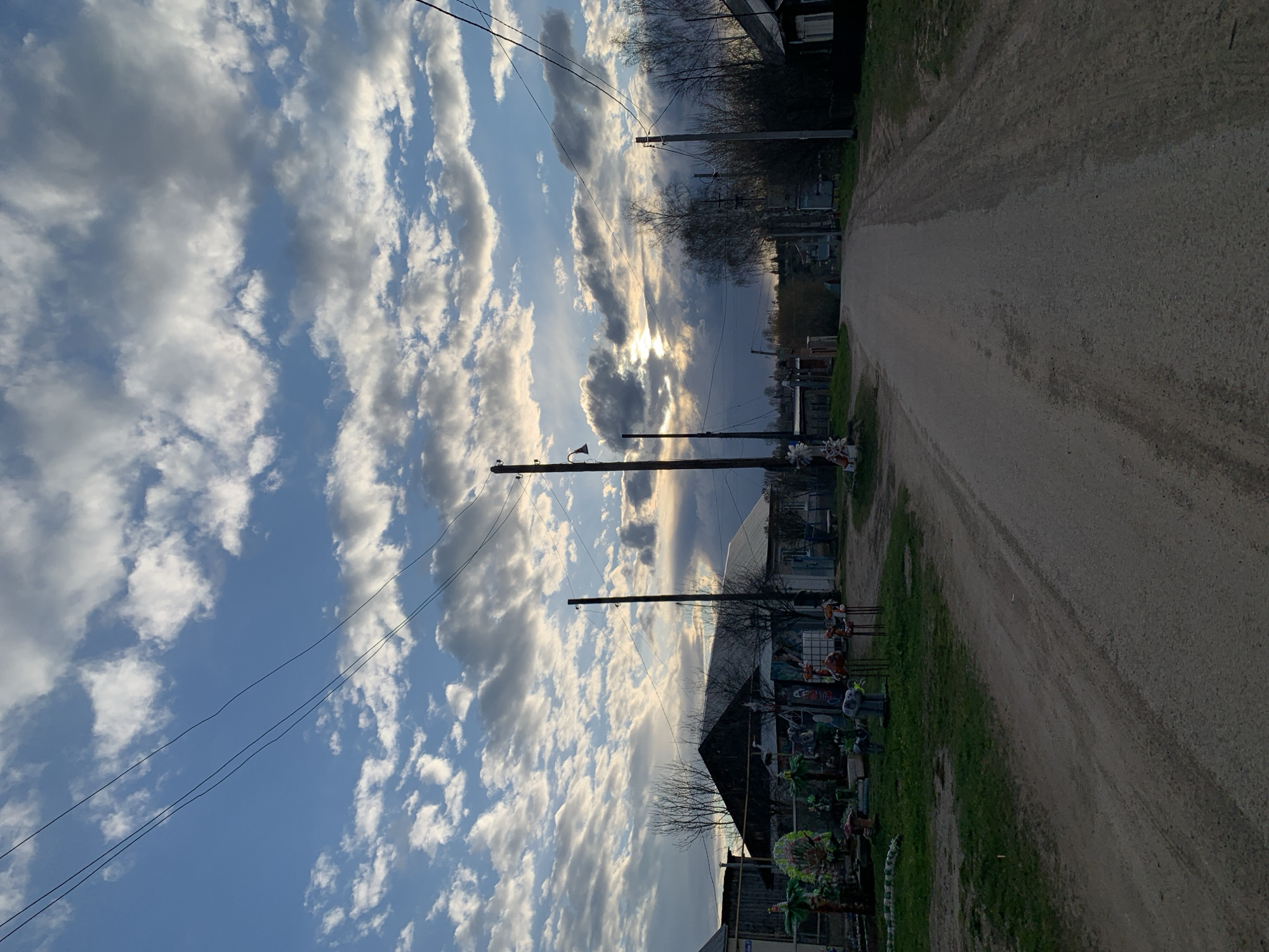 This image captures a quiet, semi-rural scene along an unpaved road. The road occupies the right side of the frame, stretching diagonally into the distance. On its left side, a strip of green grass is visible.
The sky dominates the upper and left portions of the image, featuring a bright blue expanse dotted with numerous white and grey cumulus clouds. The sun is prominently visible towards the center-left of the sky, partially obscured by clouds, casting bright rays and creating highlights.
Along the left side of the road, in the foreground, there are various colorful decorative objects or sculptures. These include green and brown shapes resembling small palm trees, animal figures, and other abstract designs. Further back, several wooden utility poles with power lines traverse the sky. Beyond these, the dark silhouettes of buildings, possibly houses, and bare deciduous trees are visible against the sky, suggesting a residential area. The absence of leaves on the trees points to late autumn, winter, or early spring.
The time of day appears to be either early morning or late afternoon, given the low position of the sun and the quality of light. The weather is partly cloudy. The scene depicts a tranquil moment with no specific activity taking place. No visible text is present. The location context provided is Фоки, Russia.