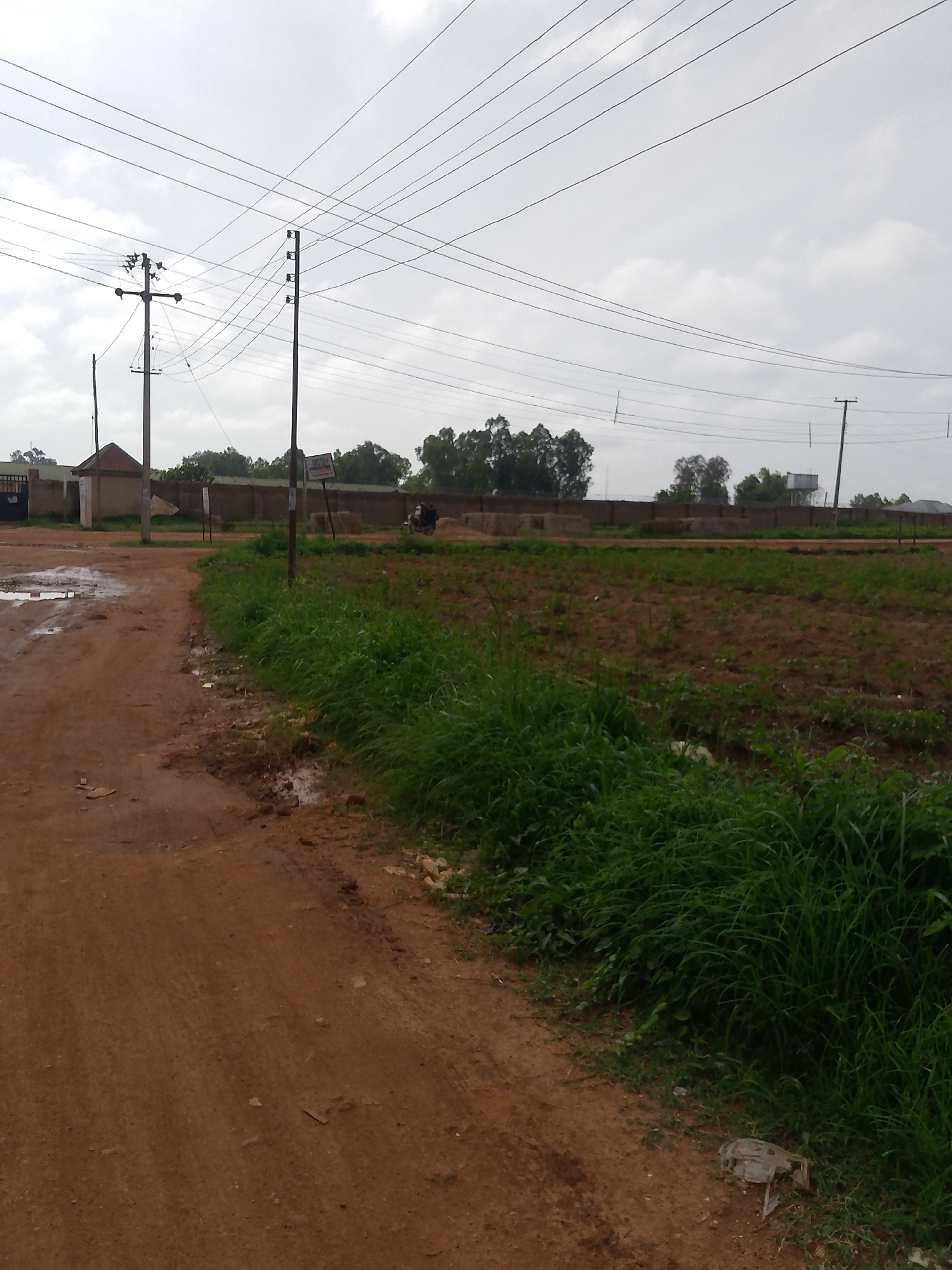 The image depicts an outdoor scene on an overcast day, likely in Barakin Angundi, Nigeria. In the foreground, a dirt road shows evidence of recent rain with several puddles and muddy patches. To the right of the road, tall green grass grows along the verge. In the midground, a cultivated field with brown soil is visible, bordered by a low brown wall. Several power poles with overhead wires traverse the scene. In the background, trees and some buildings can be seen. A person is riding a motorcycle in the distance, near some hay bales stacked against the wall.