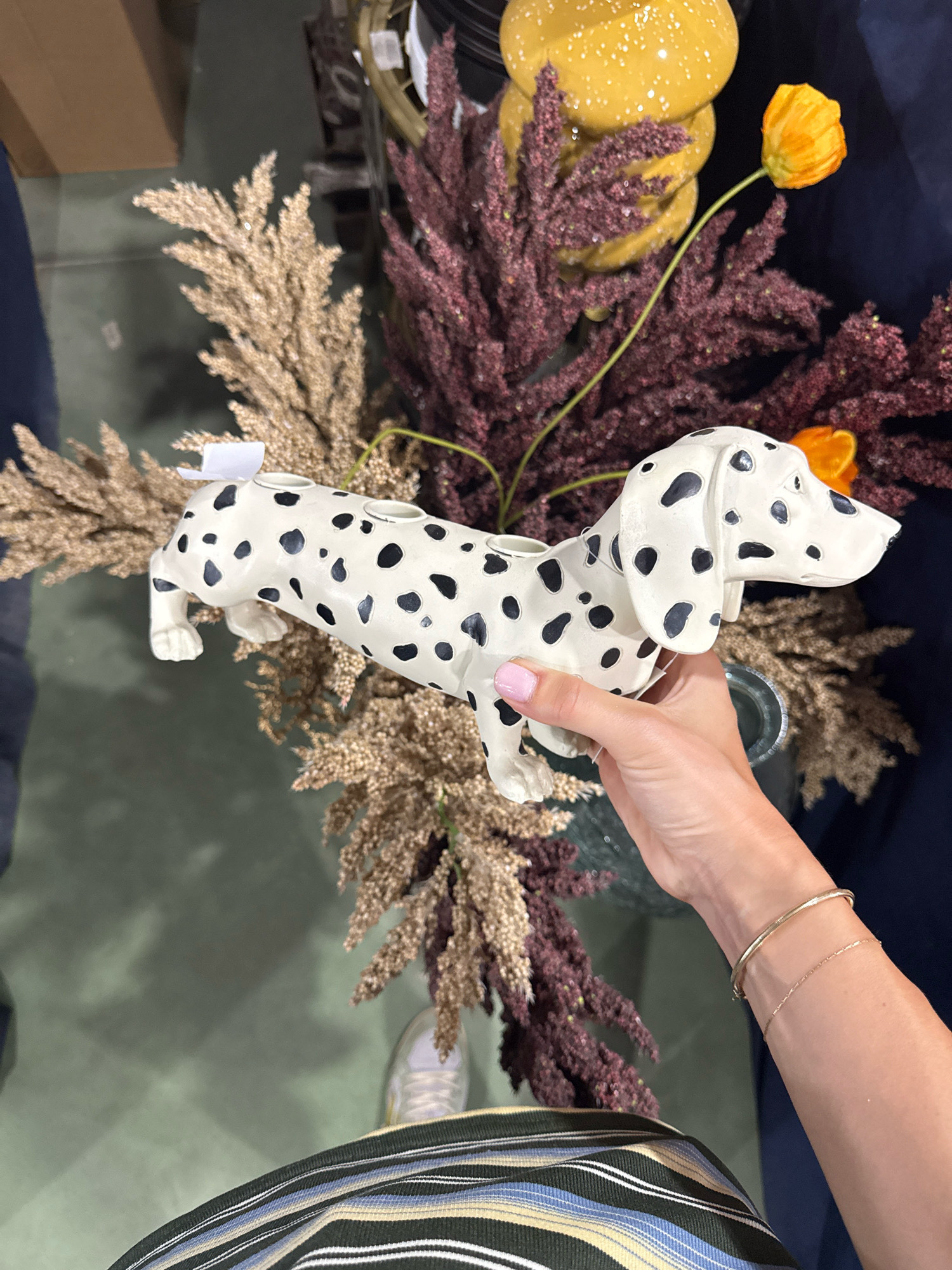 A person's hand, adorned with delicate bracelets and a light pink manicure, is holding a white, ceramic dachshund-shaped planter with black spots. The planter has two openings on its back, suggesting it's meant for plants or flowers. The dachshund is positioned among a bouquet of dried floral arrangements, featuring a mix of golden wheat-like stalks and deep maroon feathery branches. In the background, out of focus, are a large yellow decorative object and a single orange flower. The flooring appears to be a muted green. The image does not contain any identifiable landmarks or context to indicate it is located in Tbilisi, Georgia.
