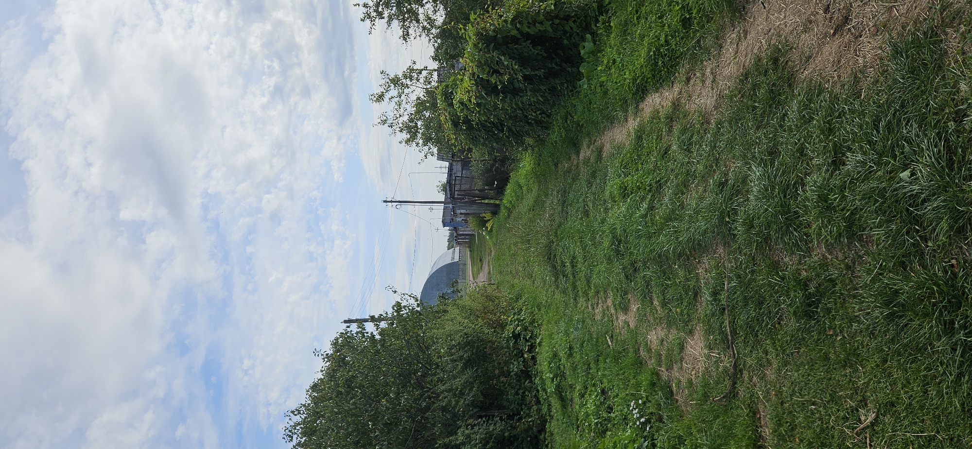 The image depicts a dirt path overgrown with grass, leading through a semi-rural area. On either side of the path are dense green bushes and trees. In the distance, a large, arched structure, possibly a hangar or industrial building, is visible against a sky filled with white, fluffy clouds. There are also some small, weathered sheds or structures lining the right side of the path, with fences made of wooden planks and wire mesh. Utility poles with electrical wires are present. The overall impression is one of a somewhat neglected, possibly industrial or agricultural outskirts. The specific location is identified as Мазалаўскі сельскі Савет, Belarus.