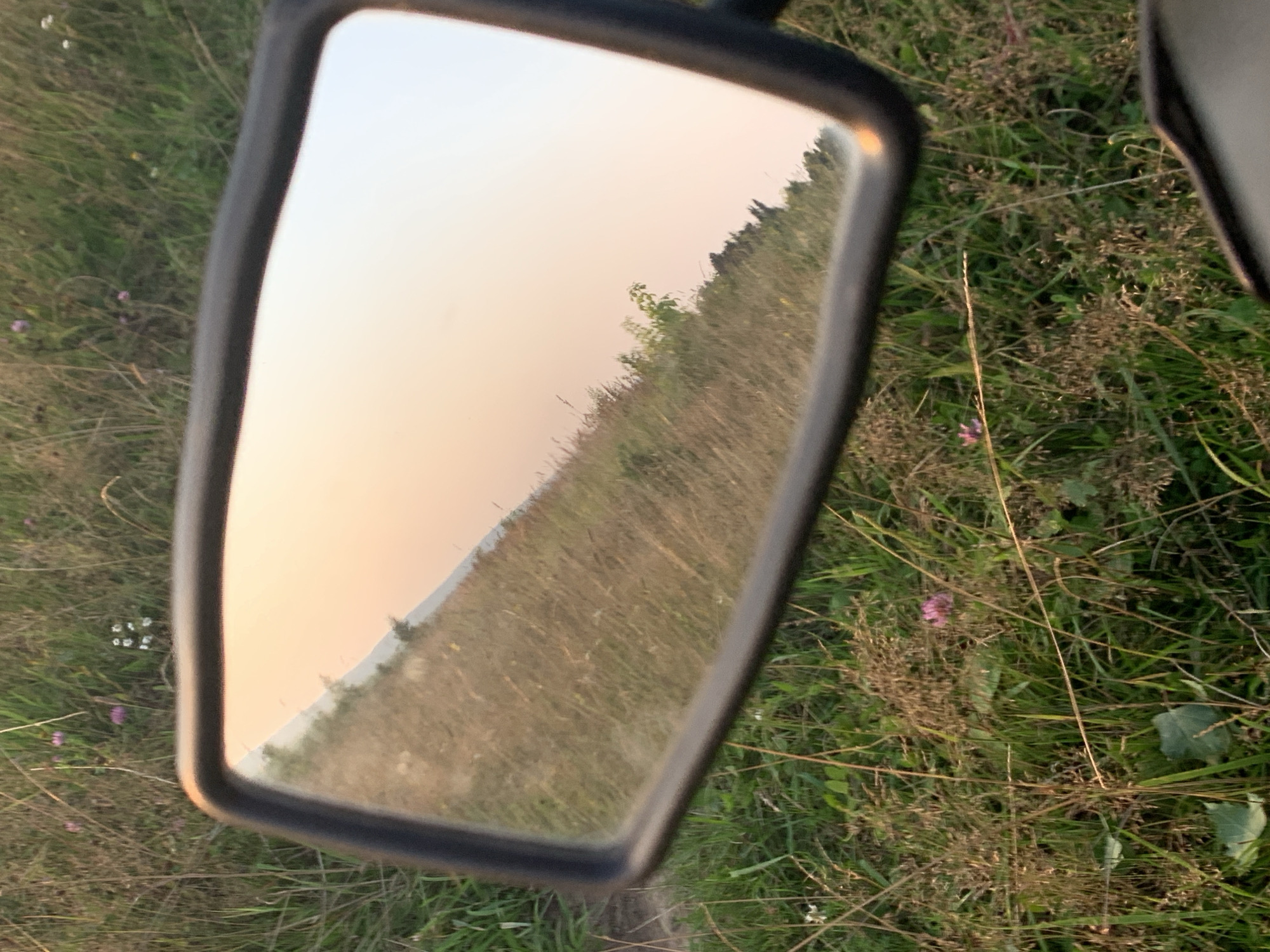 The image shows a side-view mirror reflecting a rural landscape at sunset. The mirror is mounted on a vehicle, with the surrounding grass and wildflowers visible in the foreground. The reflection in the mirror depicts a field of dry grass sloping upwards towards a treeline, with a hazy, pinkish sky above. The location is identified as Panteleevka, Russia.