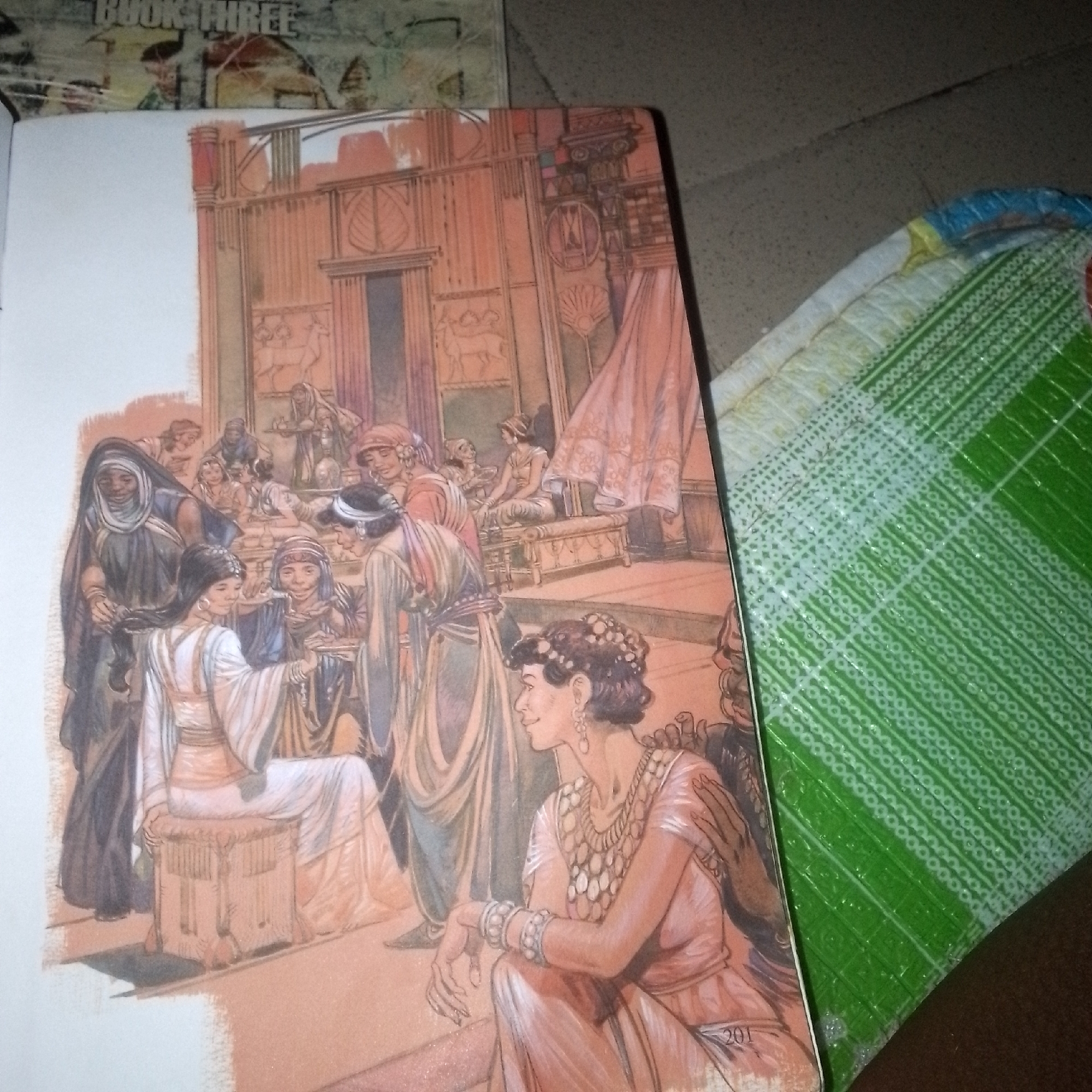 The image shows a book cover with an illustration of a gathering of people in ancient attire. The scene depicts a group of individuals, predominantly women, in what appears to be an outdoor courtyard or within a grand architectural setting with columns and draped fabrics. The figures are dressed in flowing robes and elaborate jewelry, suggesting a historical or mythological context. The color palette is dominated by warm earth tones, oranges, and pinks. In the foreground, a woman with dark curly hair and multiple necklaces and bracelets is seated and looking to the left, with a hand resting on her lap. Other figures are interacting, some are standing, and one woman is seated on a decorative stool. The background features architectural elements with intricate carvings and decorative motifs. Part of another book with the title "BOOK THREE" is visible at the top of the image. A green and white checkered cloth is partially covering the right side of the book cover.