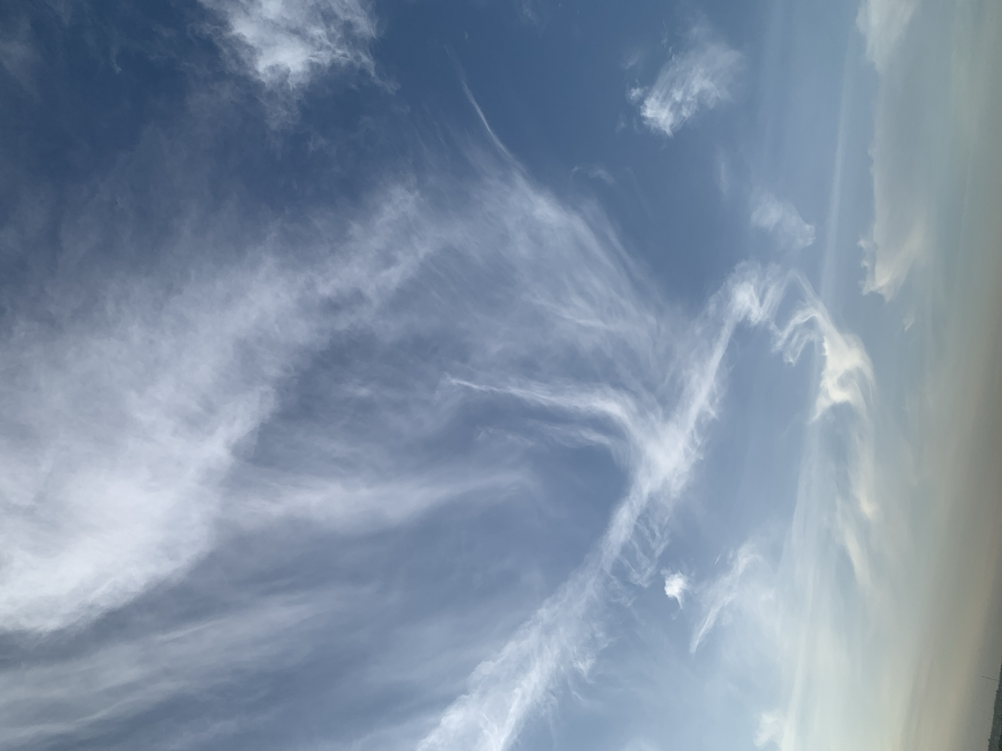 The image depicts a wide expanse of a clear blue sky filled with wispy, cirrus clouds. The clouds are white and streaky, appearing to be blown by high-altitude winds, creating a dynamic and somewhat artistic pattern across the sky. The bottom of the image shows a subtle gradient of color, transitioning from the bright blue sky to a hazy, lighter tone closer to the horizon. There is a faint, dark line visible at the very bottom, which could indicate the distant horizon of a landscape, possibly the city of Rido, Nigeria, though no specific landmarks are discernible. The scene is devoid of any people or immediate objects, focusing solely on the atmospheric conditions.