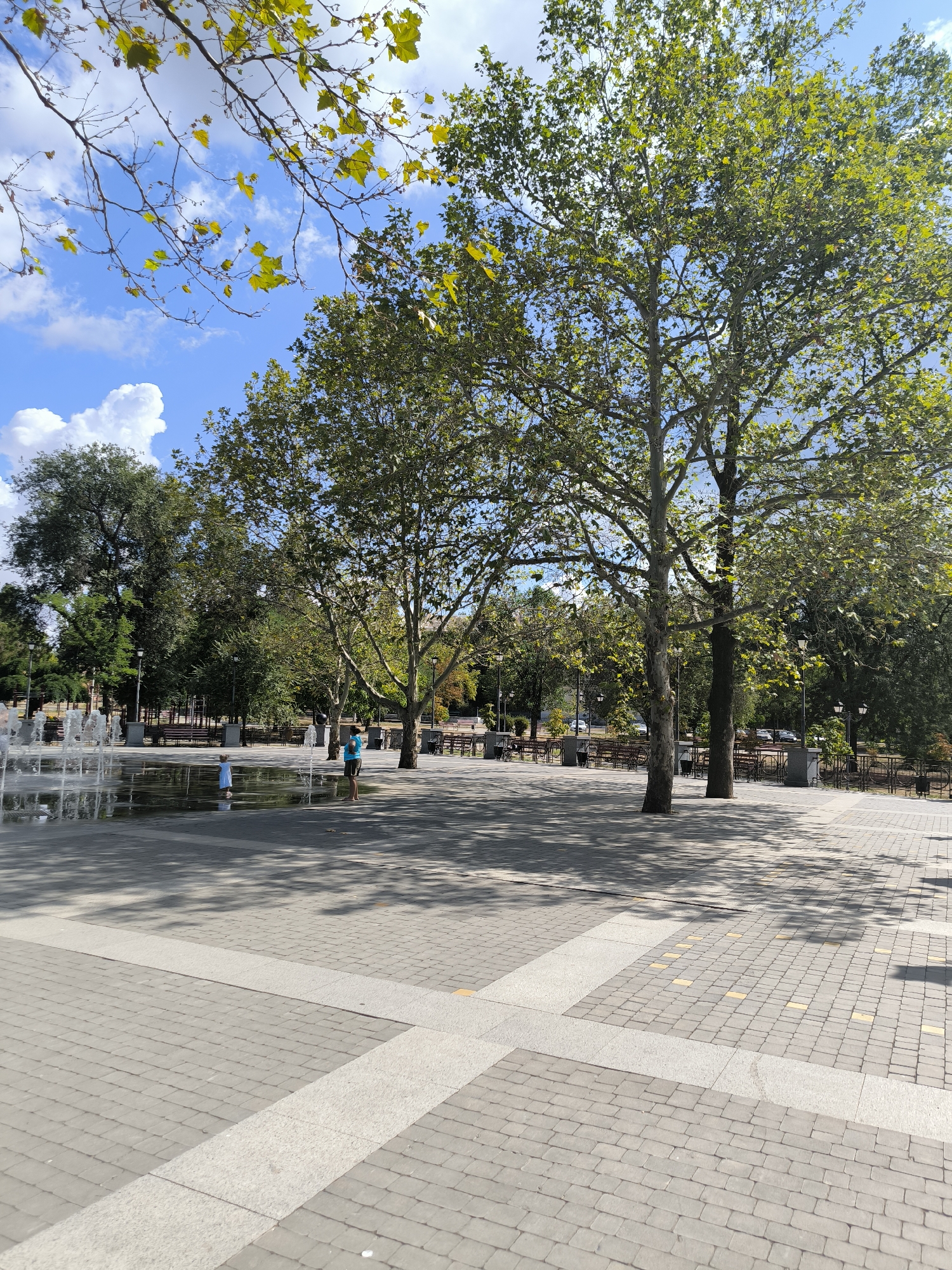 This image captures a sunny day in a public square, likely in Mykolaiv, Ukraine, given the context of the user's prompt. The foreground features a paved area with a distinctive pattern of grey square tiles and lighter grey rectangular strips. Yellow tiles are interspersed within the grey paving in a grid-like fashion. In the middle ground, a shallow water feature with active fountains is visible, reflecting the surrounding trees and sky. Two individuals are present near the water: one, appearing to be a child, stands in the water wearing a light-colored garment, and another person, an adult in a blue top and dark shorts, stands on the edge of the water. Beyond the water feature, the square is lined with benches and tall trees with lush green foliage casting dappled shadows on the ground. Lampposts are also visible among the trees. The background consists of more trees, park benches, and a street with parked cars. The sky is blue with scattered white clouds, and tree branches with green and yellowing leaves extend into the upper part of the frame. The overall atmosphere is one of a pleasant outdoor public space.