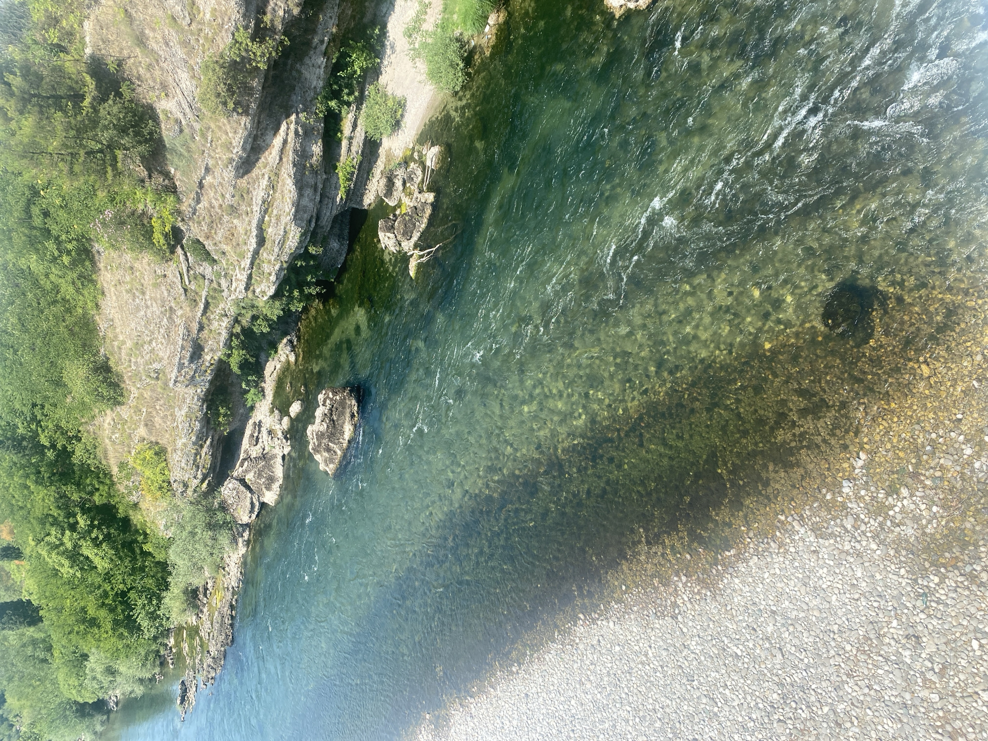 The image shows a view from above of the Moraca River in Podgorica, Montenegro. The river flows from left to right across the frame, with a rocky, pebble-covered bank on the left side. The water is clear and turquoise, revealing the rocky riverbed beneath. On the right bank, there is a rocky cliff face covered in vegetation, with trees and shrubs growing from the ledges. Some large rocks are visible in the river itself. The scene depicts a natural, scenic environment.