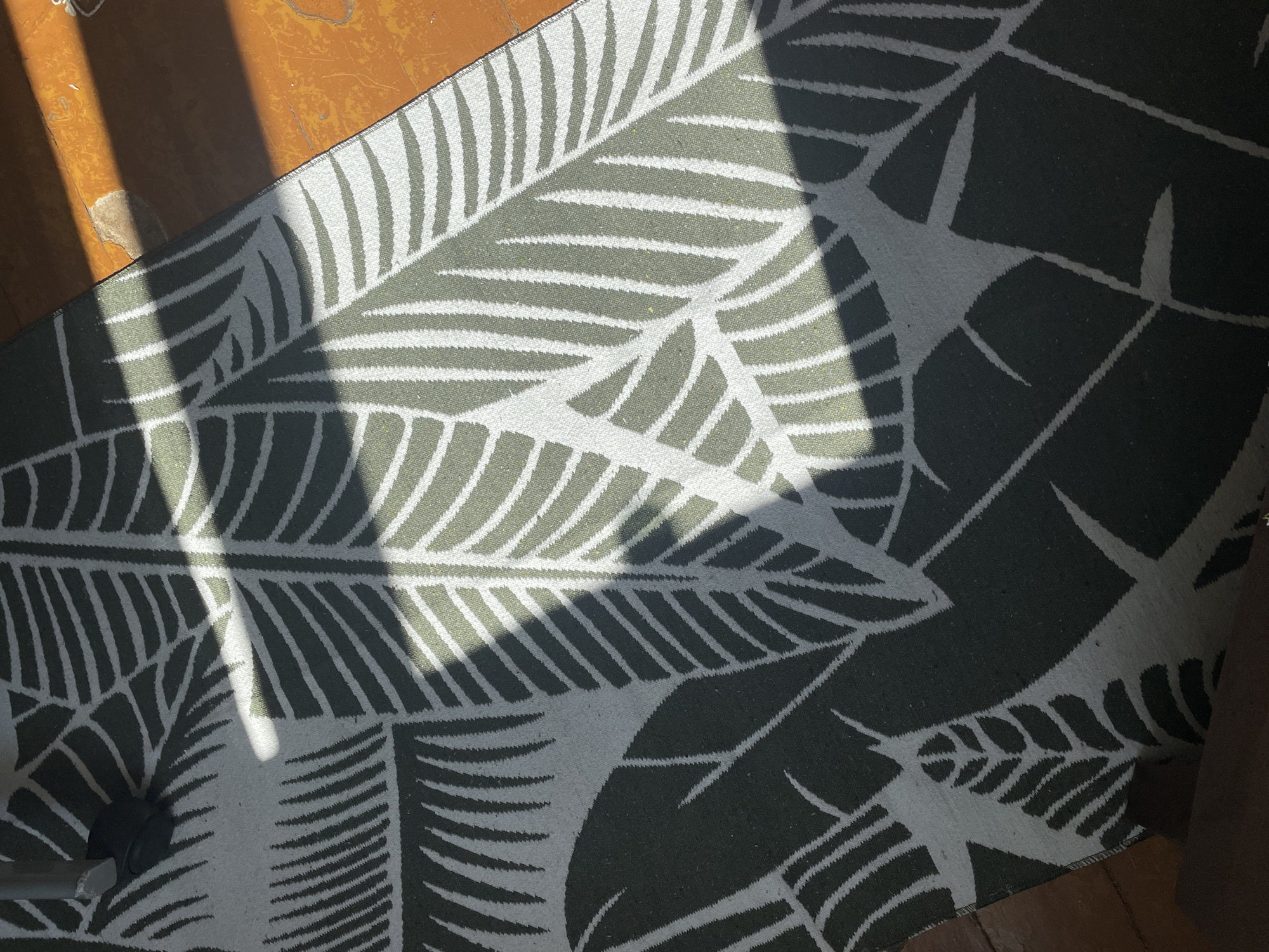 An overhead shot displays a dark green and white patterned rug with a leaf motif. The rug is partially covered by sunlight casting distinct shadows. To the left of the rug, a dark grey metal leg of a piece of furniture with a black caster is visible, partially obscured by shadow. The rug lies on a brown wooden floor. The image was taken in Kopeysk, Russia.
