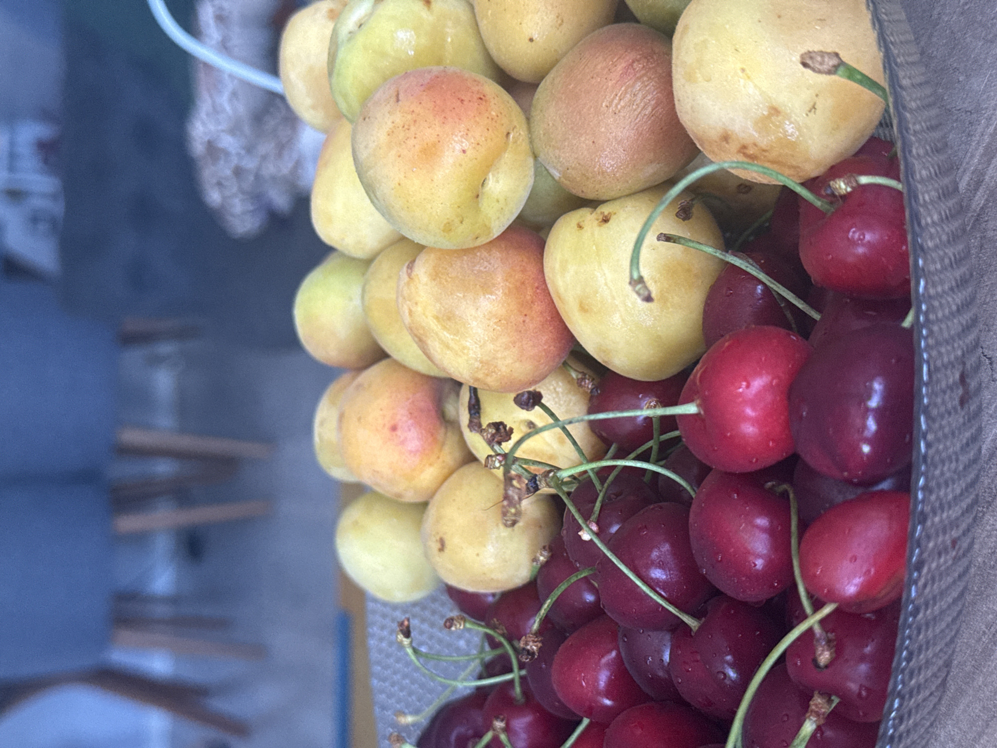 This is a close-up, vertical shot of a collection of fresh fruits, primarily cherries and apricots, displayed in what appears to be a market stall or a similar retail setting in Eyüpsultan, Turkey. The fruits are densely packed, with the deep red of the cherries contrasting with the lighter yellow and pinkish hues of the apricots. Many of the fruits, especially the cherries, appear to be glistening with water droplets, suggesting they have been recently washed or misted. The stems of the cherries are still attached, with some curving upwards, adding a sense of organic texture to the arrangement.
The background is blurred and out of focus, but it hints at a busy environment. To the left, there's a suggestion of a blue wall or surface, and further back, blurred wooden shelves or structures are visible, possibly indicating shelves stocked with other goods or part of the market's infrastructure. A white cord or string is also visible at the top left, possibly part of a display or hanging mechanism. The overall lighting suggests daylight, likely daytime, and there are no direct indicators of specific weather conditions, though the glistening fruits might imply recent misting or a humid environment. No people are clearly visible in the frame, though the context suggests a public place. There is no visible text in the image. The focus is entirely on the vibrant colors and textures of the fresh produce.