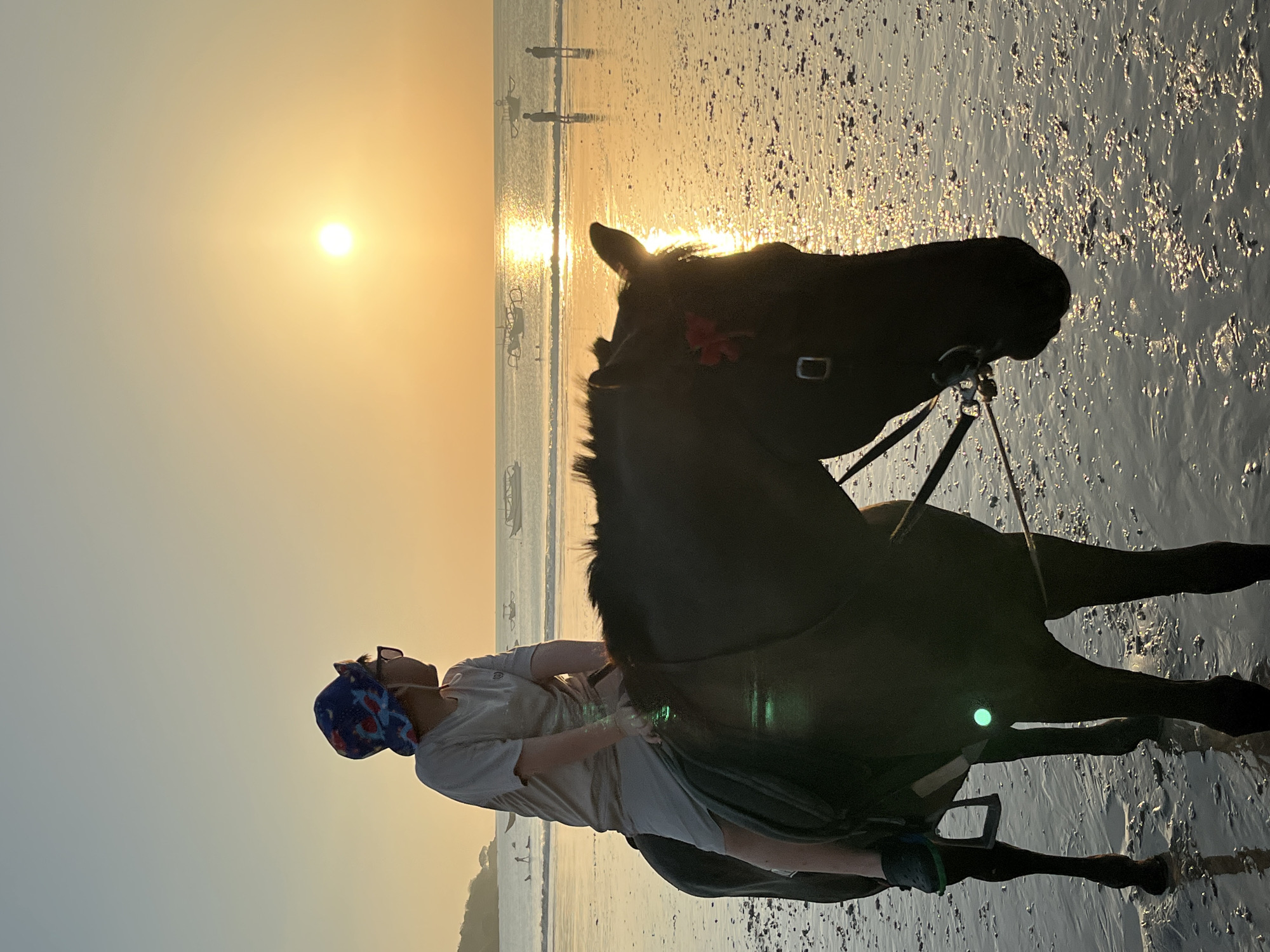 A person rides a brown horse on a wet beach during sunset. The person is wearing a hat and sunglasses and is looking out at the ocean. The sun is setting over the water, casting a warm glow on the scene. There are several boats in the water and a few people walking on the beach in the distance. The horse has a red flower behind its ear. The overall atmosphere is peaceful and serene. This scene is typical of the beaches in Kuta Selatan, Bali, Indonesia, known for its beautiful sunsets and water activities.