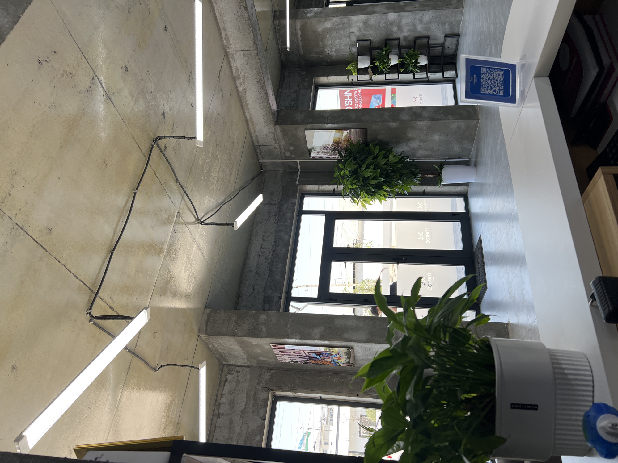 The image captures an indoor scene, likely a reception or waiting area, with a minimalist and modern aesthetic. The dominant materials are concrete walls and ceiling, creating an industrial feel. Several long, fluorescent light fixtures are suspended from the ceiling, illuminating the space. Black electrical conduits run along the concrete ceiling, adding to the industrial look.
In the foreground, a white reception desk is visible, with a potted plant on the left side. The plant is in a ribbed white pot and has lush green foliage. To the right of the plant, a blue and white QR code in a clear plastic stand is placed on the desk, suggesting a contactless payment or check-in system. Below the desk, stacks of folded white towels and books are partially visible.
The background reveals a set of double glass doors, likely an entrance or exit, with the word "METRO" or a similar logo visible on the glass in white lettering. To the left of the doors, a large potted plant with dark green leaves stands near a window. Through this window, a flag of Uzbekistan can be seen flying outside, indicating the location is in Uzbekistan, specifically in the city of Shahrixon as per the prompt.
On the wall to the left of the doors, a framed piece of modern art depicting a colorful building facade is displayed. Further to the right, a tall, dark metal shelving unit holds several small potted plants in white pots. The floor appears to be tiled with large, light-colored rectangular tiles.
The overall impression is of a clean, well-lit, and contemporary space, possibly an office, clinic, or retail establishment. There are no people clearly depicted in the image, though a blurred figure can be seen through the glass doors in the background.