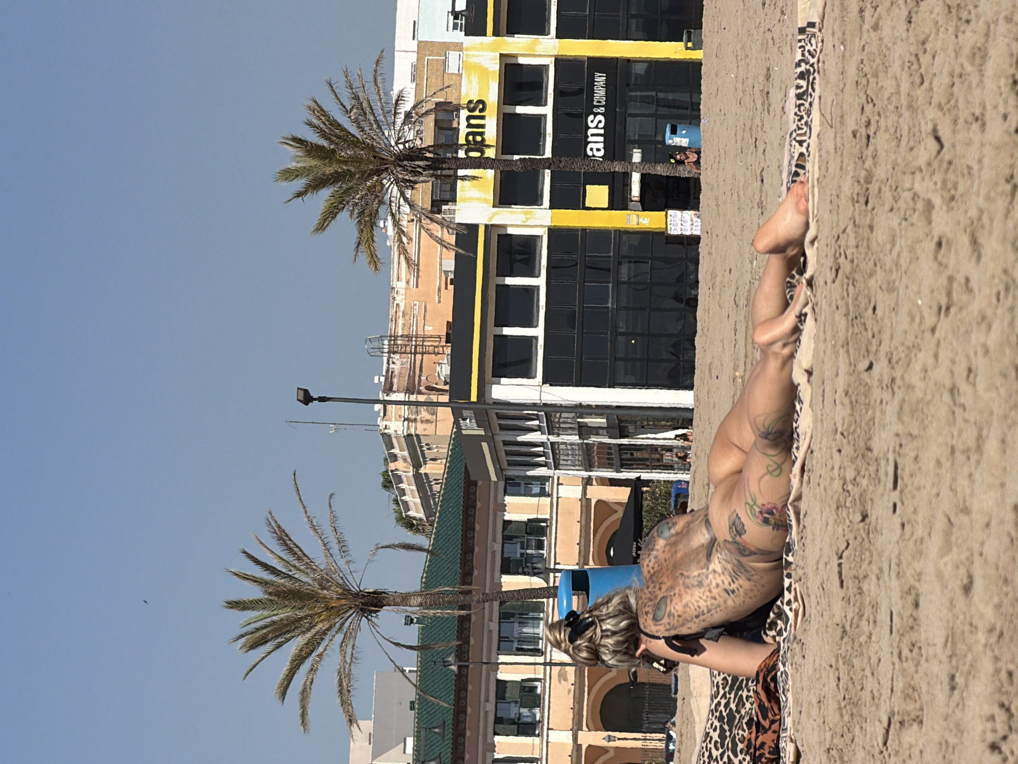 A tanned person is lying on a leopard-print towel on a sandy beach. The person has numerous tattoos on their back and shoulder. The beach is near buildings with palm trees. One building is labeled "vans & company." The location is likely Valencia, Spain, because "vans & company" has a retail location there.