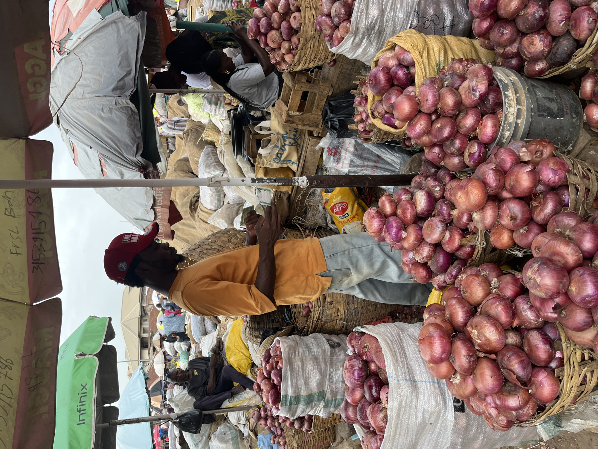 This image depicts an outdoor market scene, likely in Rafin Par, Nigeria, characterized by the abundance of red onions being sold. In the foreground, several large baskets and sacks overflow with these onions. One person, a man wearing an orange t-shirt and a red cap, stands prominently, seemingly attending to the produce. He is positioned behind a large pile of onions. In the background, other individuals are visible, some interacting with the goods and others in the process of transactions. The market appears to be covered by various tarpaulins and umbrellas, offering shade from the elements. The overall atmosphere suggests a busy commercial environment, typical of a local Nigerian market.