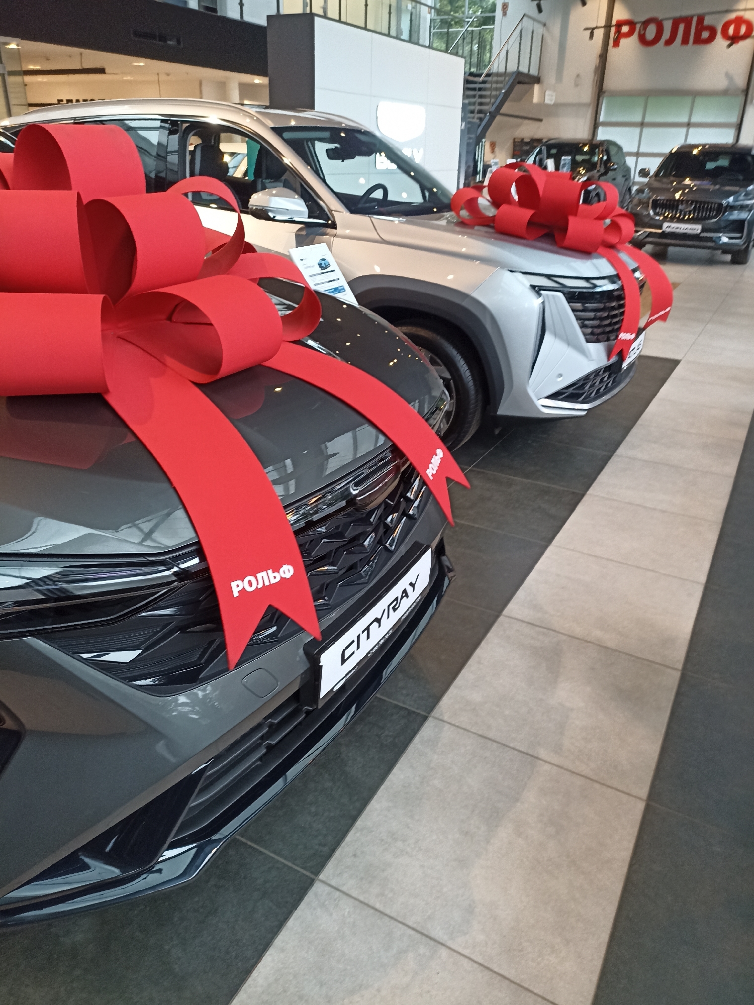 Two cars are displayed prominently in a showroom. The car in the foreground is dark grey and has a large red bow on its hood. A portion of a white license plate with the text "CITYRAY" is visible. The car behind it is silver and also has a large red bow on its hood. A sign with red lettering that reads "РОЛЬФ" is visible on the wall in the background, indicating this is likely a Rolf dealership. The showroom has a tiled floor. The setting is an indoor car dealership.