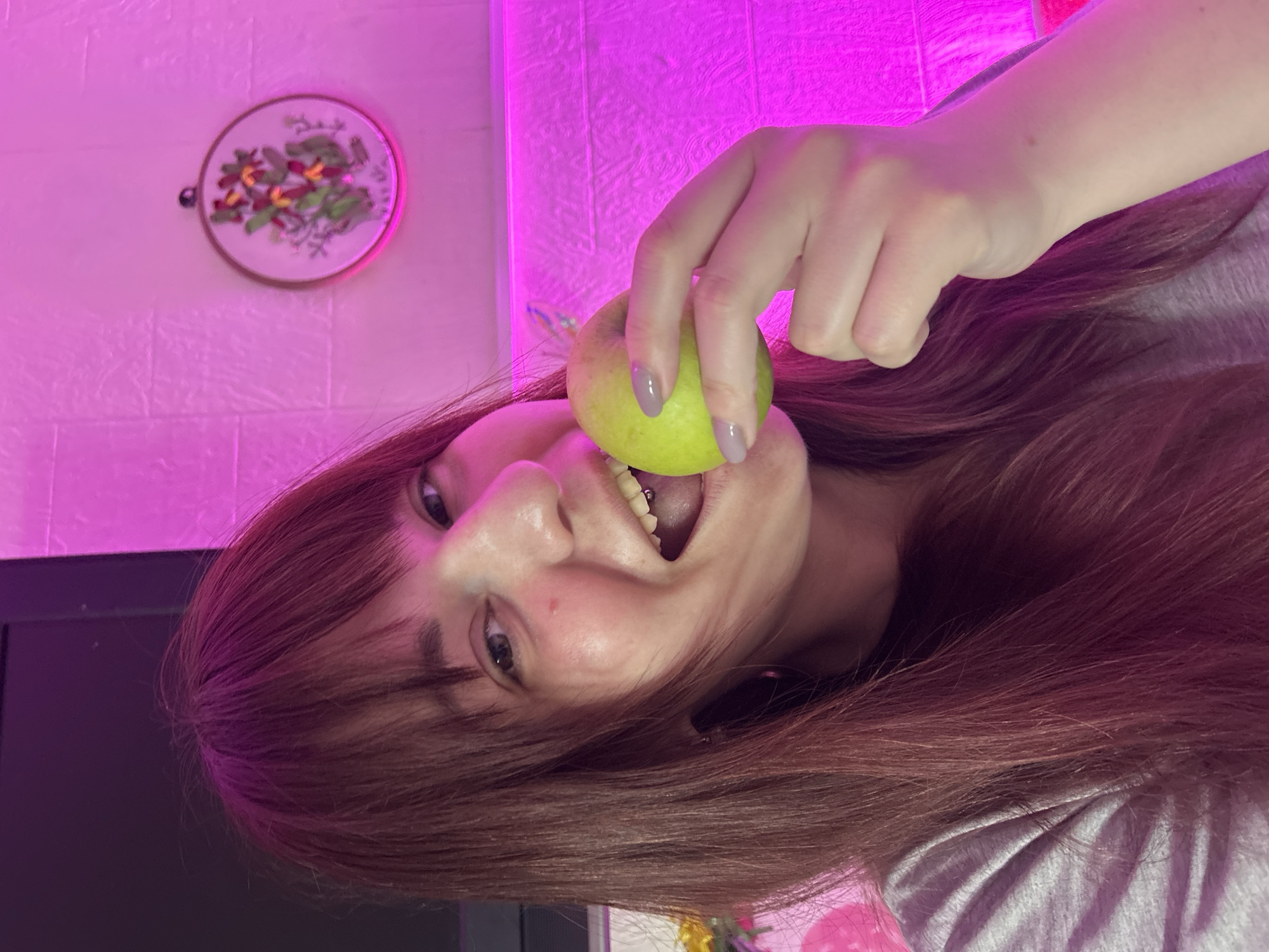 The image presents a rotated, close-up portrait of an individual in an indoor setting, bathed in vivid pink lighting. The primary subject is a person, likely female, with long reddish-brown hair framing their face. They look towards the viewer with a seemingly playful or amused expression, revealing light-colored eyes and an open mouth with a visible tongue piercing. They are dressed in a grey top.
In the foreground, the person holds a small, green-yellow apple towards their mouth. Their hand, seen on the upper right, displays light purple nail polish. The background features a brightly illuminated pink wall with a textured surface, possibly brick or paneling. Adorning the upper left portion of the wall is a round decorative object, which appears to be embroidered hoop art or a small plate, featuring a floral design with green leaves and red and yellow blossoms. A dark, indistinct object, possibly a screen or furniture, is partially visible in the lower-left corner.
The intense, artificial magenta lighting creates a distinct and vibrant atmosphere, casting a strong pink hue across the scene and reflecting on the person's skin and hair. The activity captured suggests a lighthearted moment, possibly a selfie while engaging playfully with the apple. No specific time of day or weather is evident, and no visible text is present. The context provided indicates the location is Fokino, Russia.