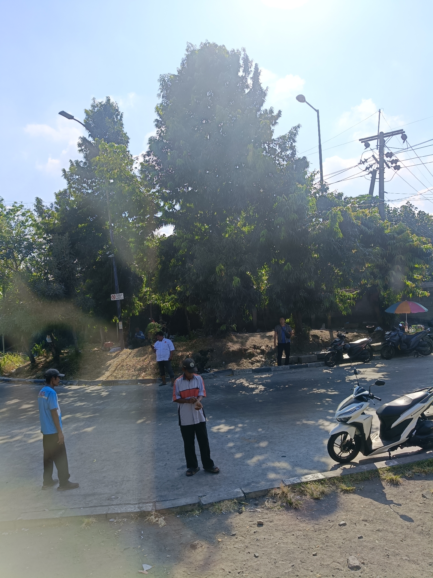 The image depicts an outdoor scene in the city of Kedungrejo, Indonesia, characterized by a bright, sunny day with clear blue skies and scattered clouds. The foreground shows a paved road with distinct tire tracks and a concrete curb, transitioning to a dusty, gravelly area. Several people are present, some standing, others appearing to be engaged in conversation or work.
In the mid-ground, a group of motorcycles is parked, including a prominent white scooter on the right side of the frame, positioned alongside the curb. Behind the motorcycles, a colorful umbrella provides shade, with a person partially visible beneath it. A dense arrangement of trees dominates the background, casting dappled shadows across the scene, suggesting a potentially warm climate. A street light is visible on the left, and further to the right, a utility pole with power lines stretches across the sky. A red and white sign is attached to a wooden post within the treeline, but its text is illegible.
Specific individuals include a person in a blue t-shirt and dark pants standing on the left, facing away from the camera. To their right, another person in a striped shirt and dark pants is looking down at something in their hand, possibly checking a watch or phone. Further back, near the trees, two individuals in white shirts and dark pants are visible, one of whom appears to be speaking to another person. On the far right, another person in a dark shirt and pants is standing near the parked motorcycles. The overall impression is that of a relatively uncrowded area, possibly a roadside or public space, with everyday activities taking place under the bright Indonesian sun.