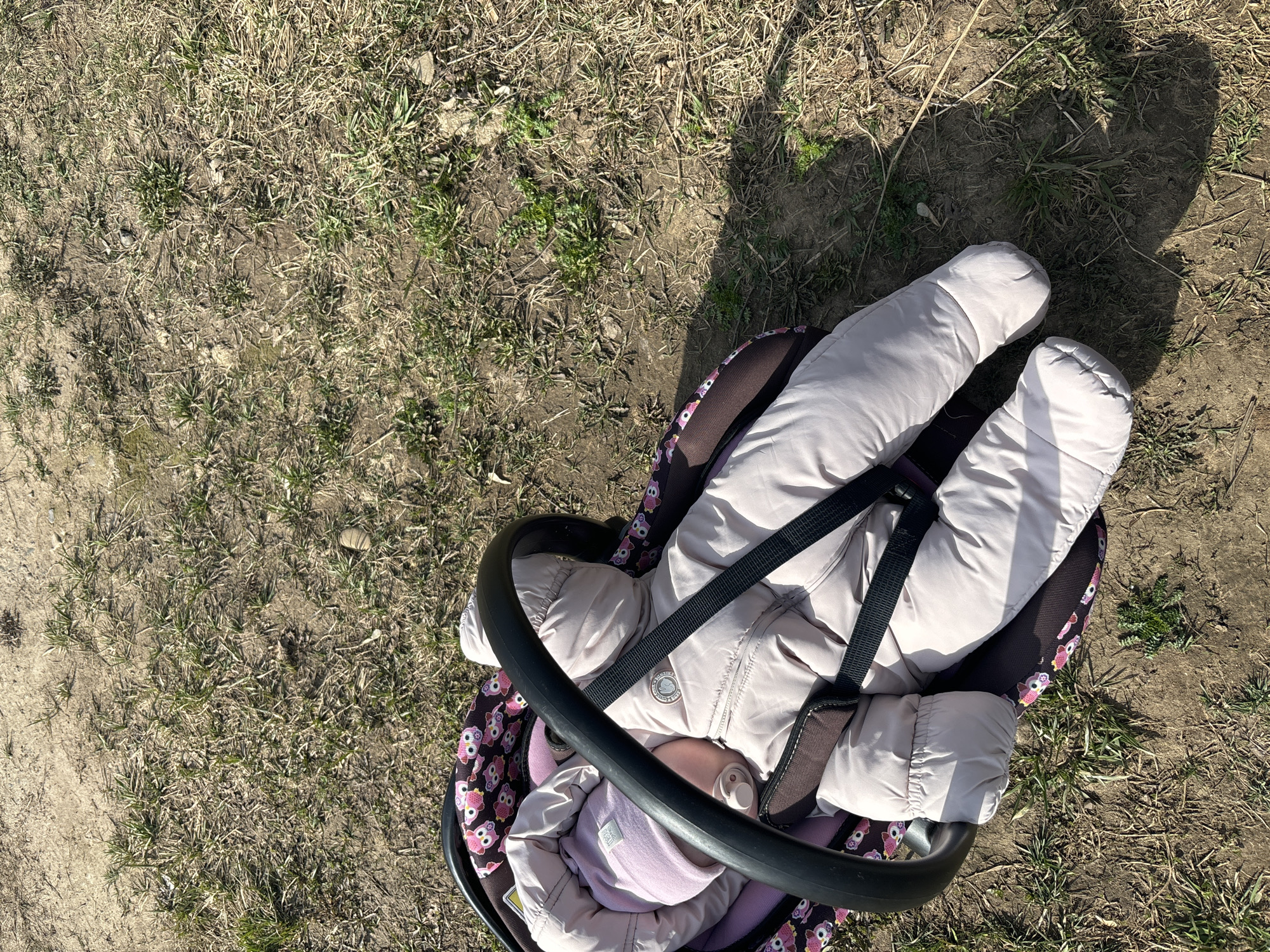A baby lies in a patterned car seat on dry dirt and patchy grass, possibly in Фоки, Russia. The baby wears a pale beige puffy snowsuit with attached foot covers and a light purple hat, and is secured with black straps. A white pacifier is visible in their mouth. The car seat has a dark brown and purple owl pattern on the sides. The seat handle is black. Sunlight casts shadows on the right side of the image.