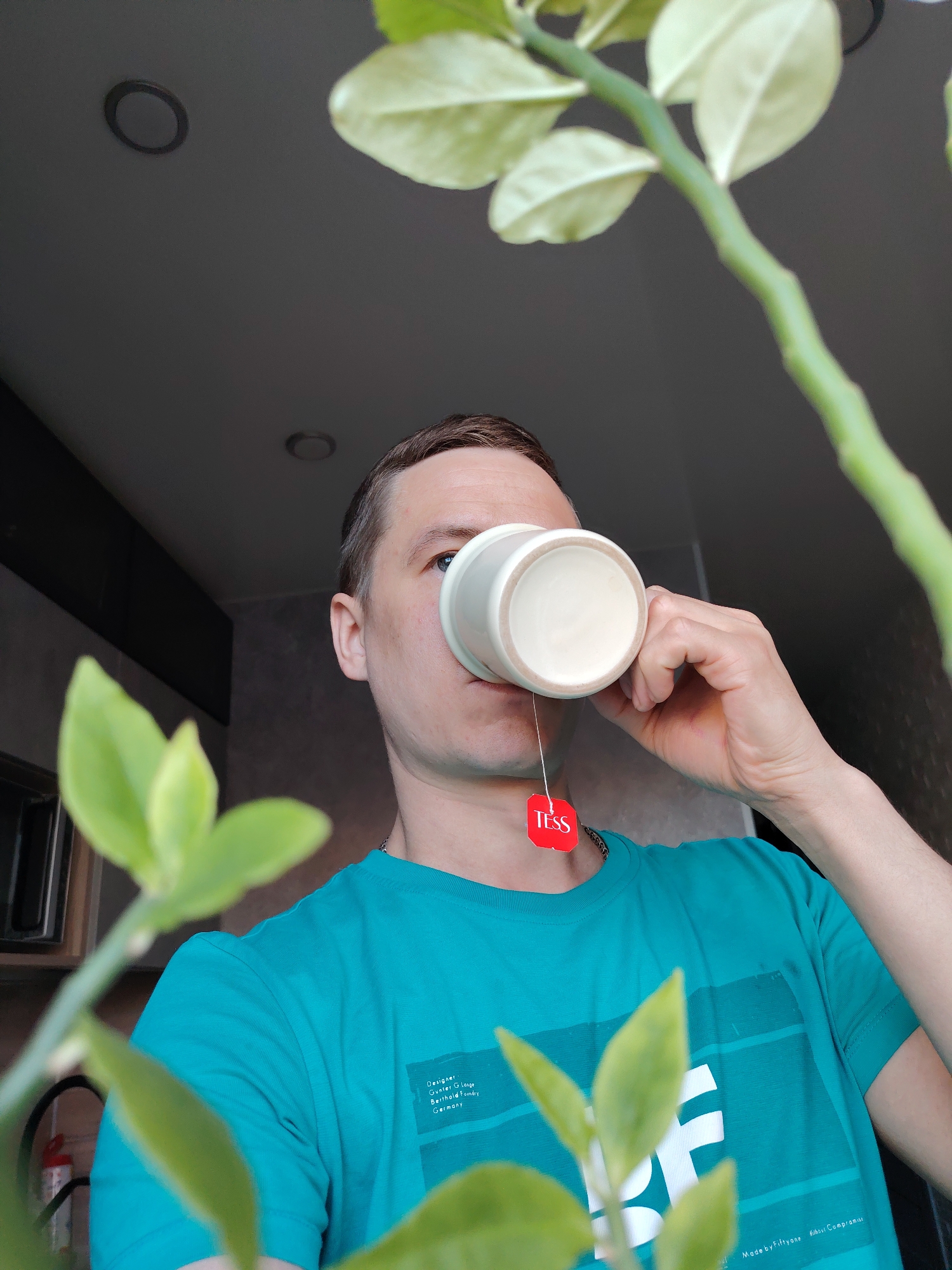 An eye-level shot captures a man drinking tea indoors in Chaikovsky, Russia. The man, with short brown hair and fair skin, is seen from the chest up, angled slightly to his right, with his left blue eye visible. He holds a light-colored cup or mug to his lips, from which a red tea bag tag with "TESS" in white letters dangles. He is wearing a teal or turquoise t-shirt. In the foreground, out of focus, is a green plant with light-colored leaves and a prominent stem, partially obscuring the man and the background.
The background features a dark ceiling with two visible recessed light fixtures. To the man's left, a dark wall or cabinet is visible. The indoor setting suggests a calm moment.
Visible text on the man's t-shirt includes: "Designer: Gunter G. Lange", "Berthold Foundry", "Germany", and a large white "F". Smaller text at the bottom right of the shirt states "Made by Fiftyone Without Compromise". The overall lighting is somewhat dim, suggesting an internal space, possibly without direct bright sunlight.
