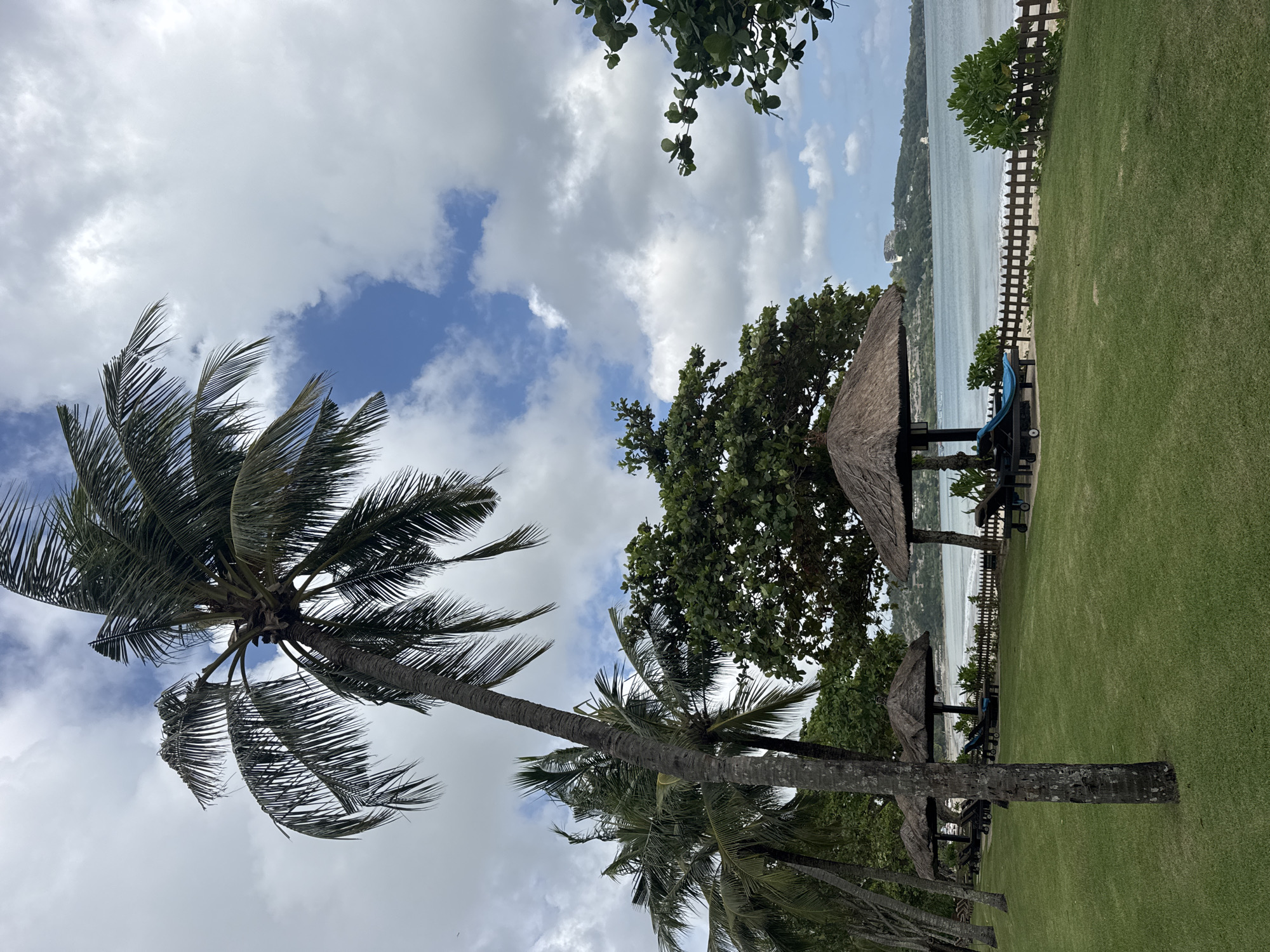 The image depicts a coastal scene in Kuta Selatan, Indonesia. A row of palm trees leans towards the left under a sky filled with a mix of blue patches and white, puffy clouds. To the right, a grassy area slopes downwards towards the beach, with several thatched-roof structures providing shade. Beach chairs are visible under the structures. A wooden fence separates the grass from the beach, and the ocean stretches into the background. A hill or landmass is visible across the water. There are no people visible in the frame.