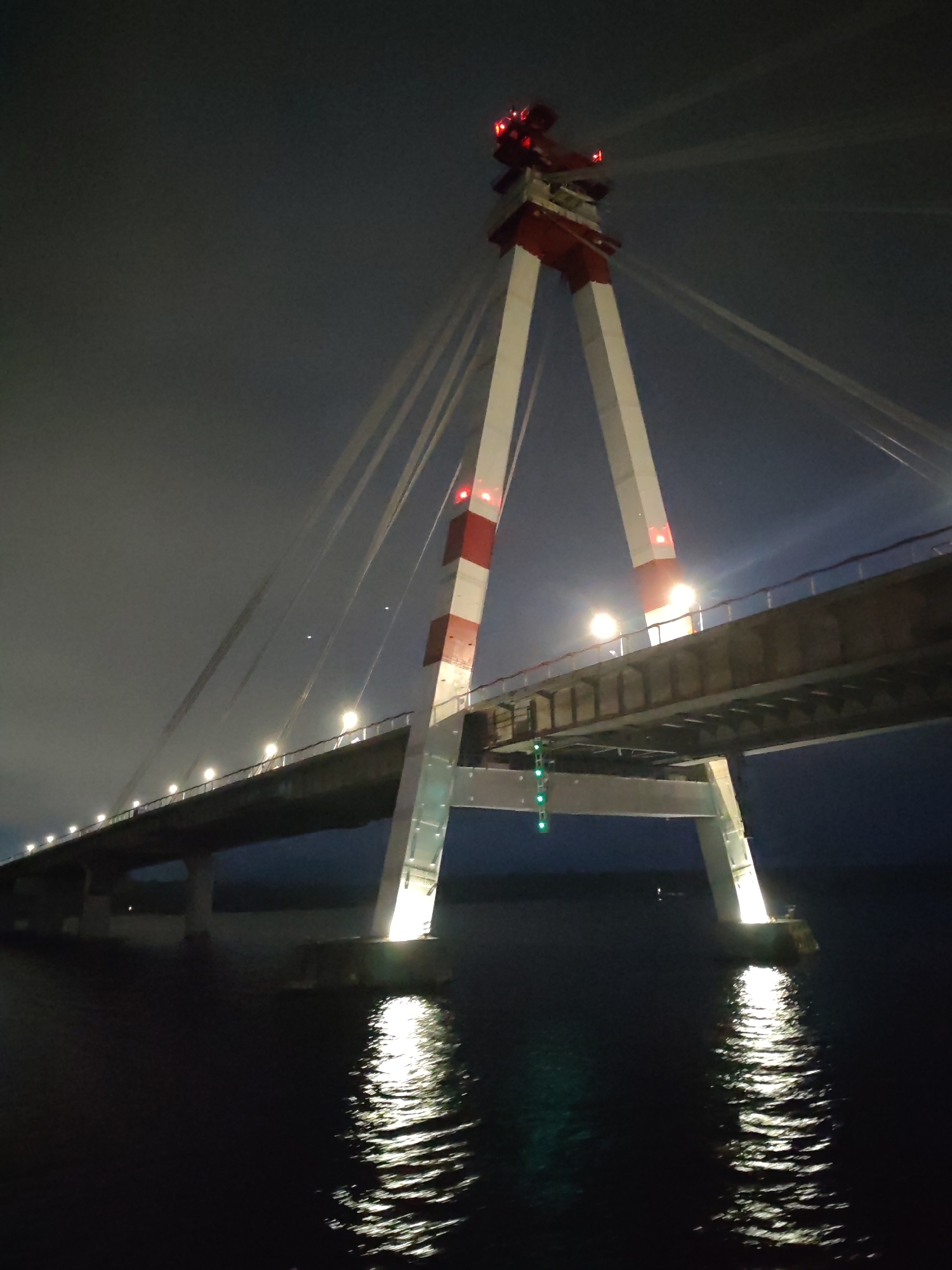 A low-angle, nighttime photograph depicts the Russky Bridge in Vladivostok, Russia, spanning across a body of dark water. The bridge’s distinctive A-shaped pylons are painted with alternating white and red bands. Cables extend from the top of the pylons to support the bridge deck. Small, illuminated lights line the top of the bridge, extending towards the horizon. The water reflects the lights of the bridge. The sky is overcast and dark.