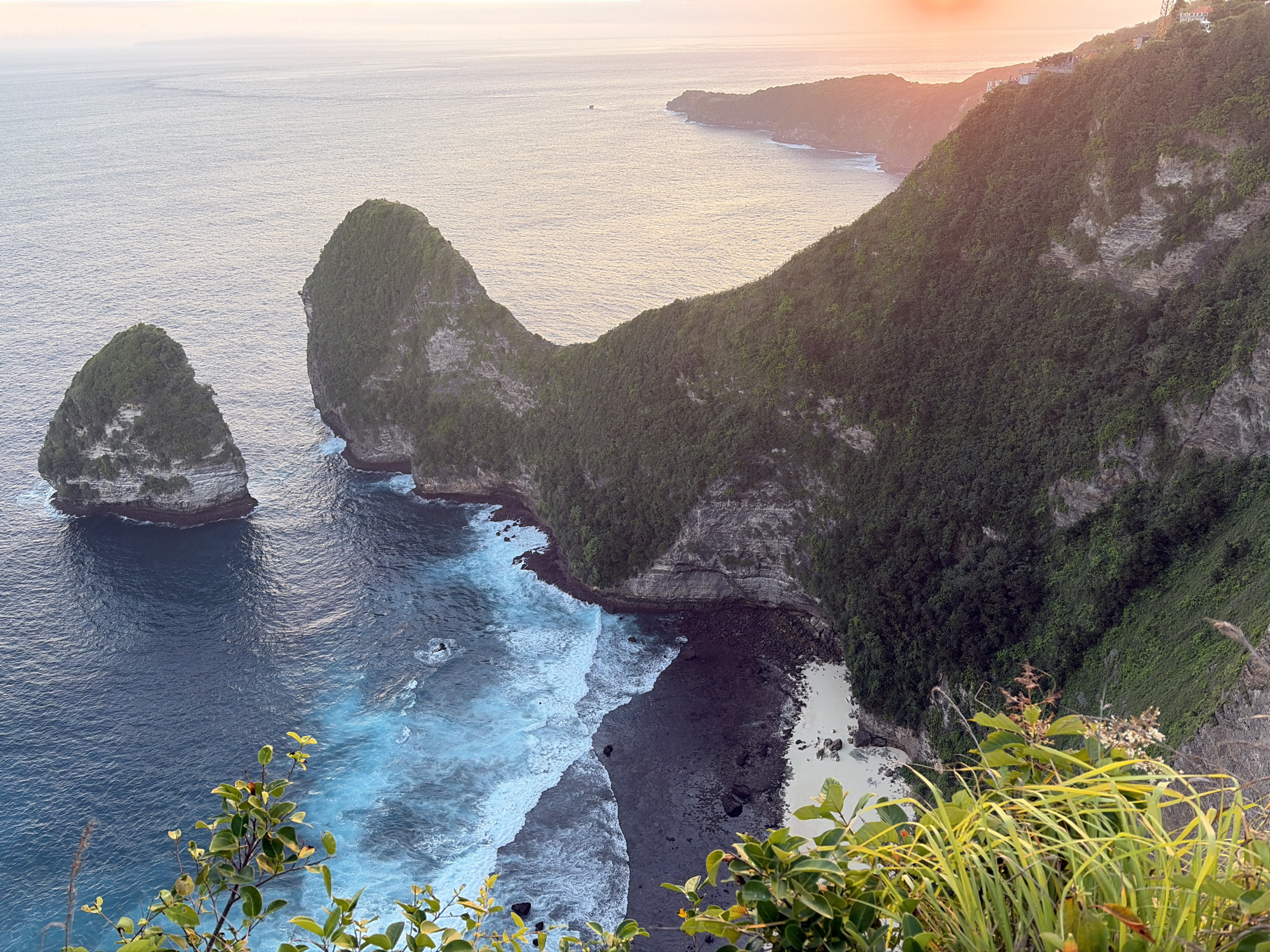 This is a high-angle, eye-level, long shot of a dramatic coastal landscape at Nusa Penida, Indonesia. The scene is dominated by steep, green, forested cliffs that plunge into the deep blue ocean. The water is dynamic, with white waves crashing against the rocky shore and a small, sandy cove. Two prominent, tree-covered rock formations rise from the sea to the left of the frame. In the distance, the ocean stretches to a hazy horizon, with the soft glow of a sunset or sunrise painting the sky in pale orange and pink hues. Some vegetation, including branches with green leaves and tall, yellowing grasses, is visible in the foreground, framing the view from the cliff edge. There are no people or man-made objects clearly identifiable in the scene, except for what appears to be a distant boat on the water and structures on a far-off cliff. The overall impression is one of rugged natural beauty.