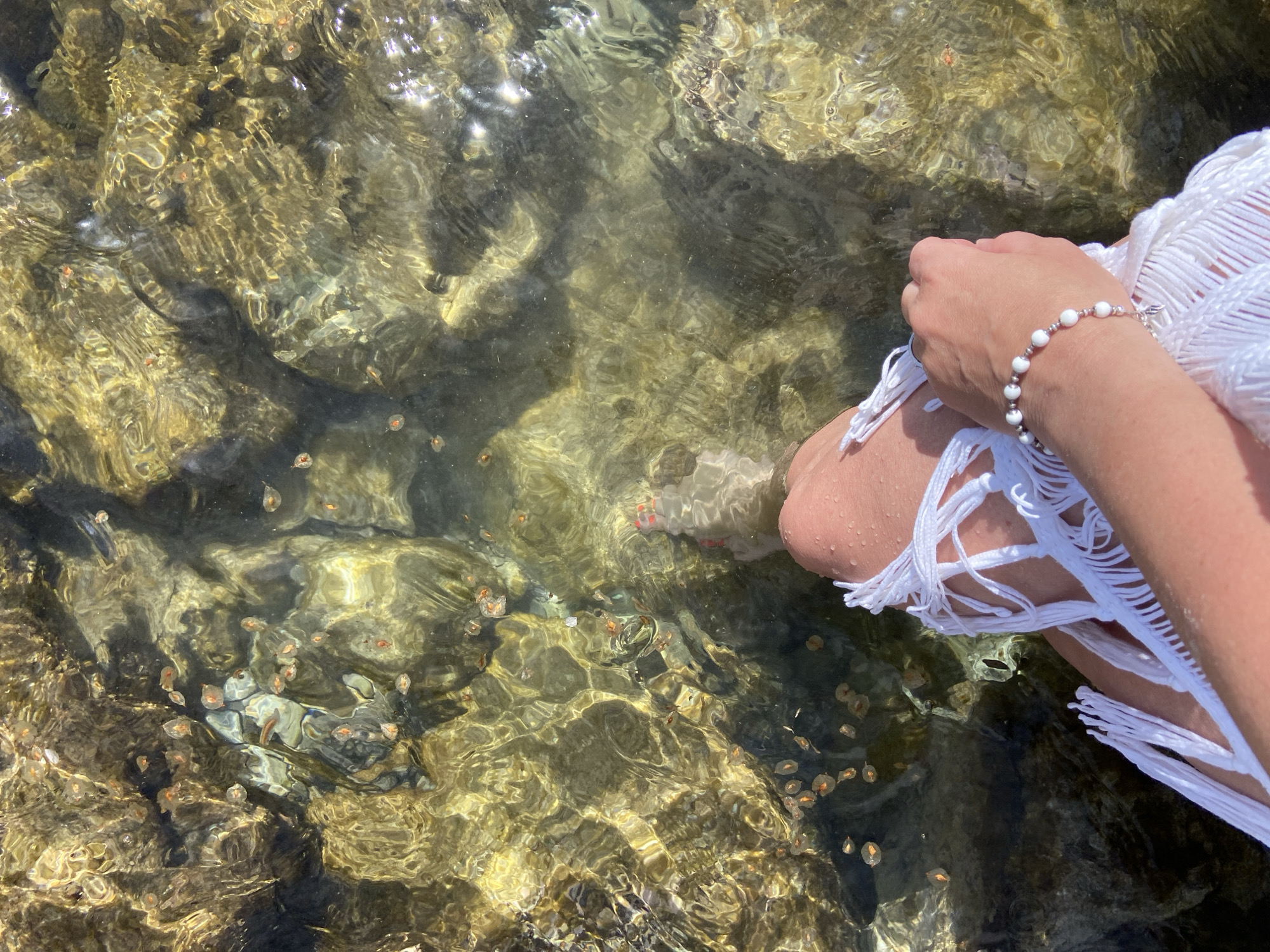 The image depicts a person sitting with their legs dangling in shallow, clear water. The water appears to be flowing over rocks and there are small translucent aquatic creatures with orange dots floating on the surface. The person is wearing a white, fringed garment and a white beaded bracelet. The location is likely Prijevor, Montenegro based on the request in the prompt.