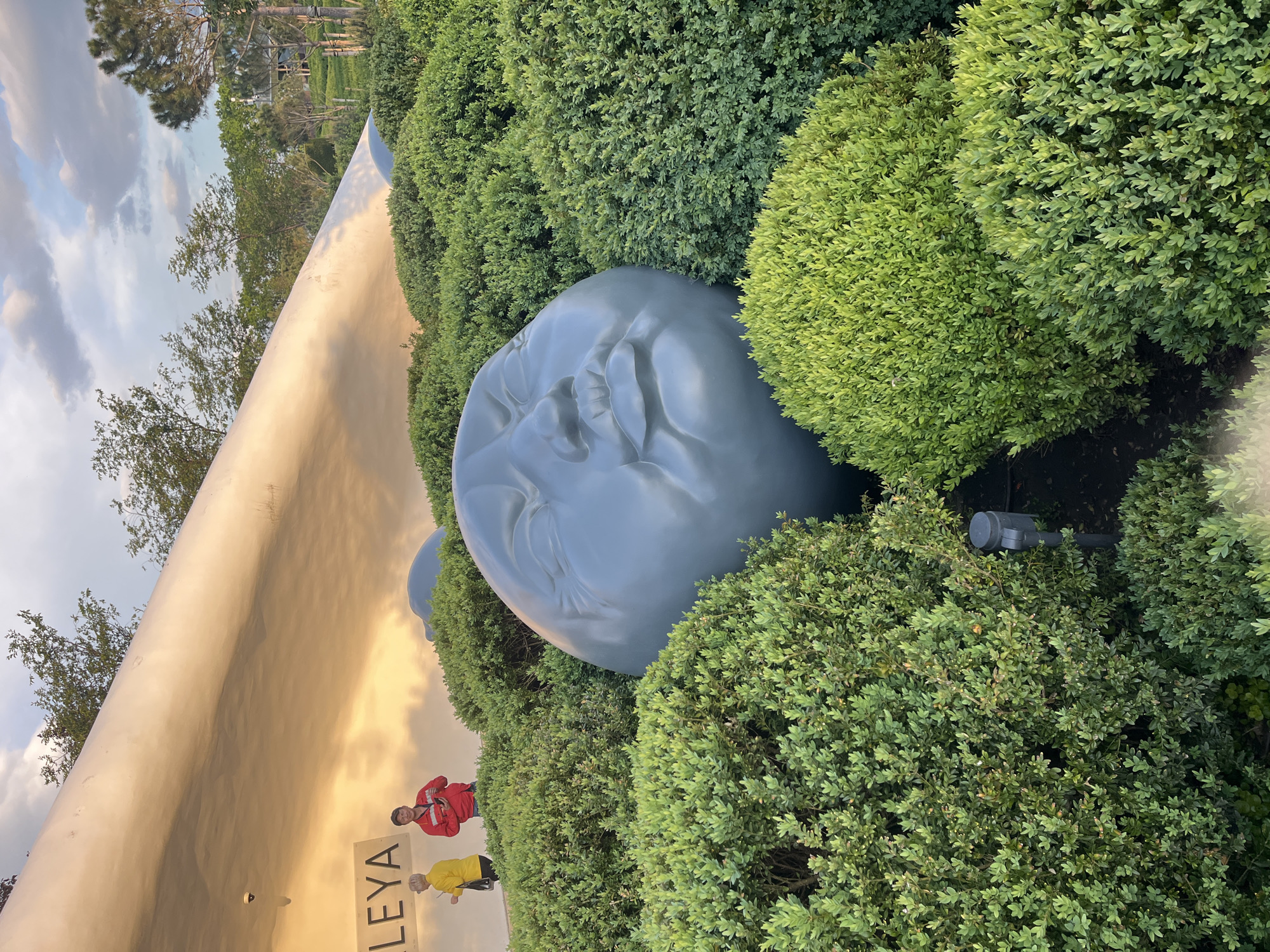 A giant head sculpture rests among manicured bushes next to a reflective wall. Two people, one in a red jacket and the other in a yellow shirt, are standing near the wall, below the name "ALEYA". The sky is cloudy. This appears to be the Aley Park Gallery in Krasnodar, Russia.