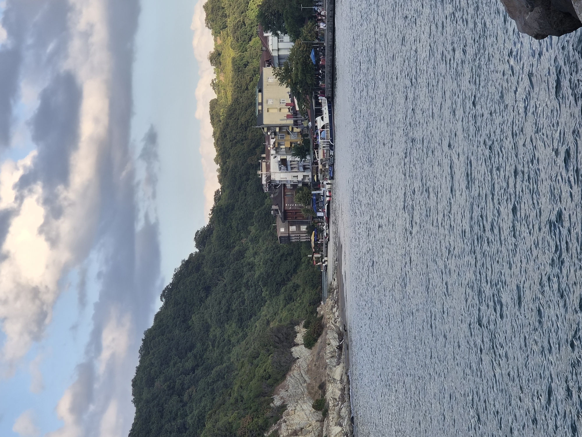 In Şile, Turkey, a serene coastal scene unfolds under a partly cloudy sky. The foreground is dominated by the gentle ripples of the sea, reflecting the soft light. The middle ground reveals a small, rocky beach leading to a waterfront lined with a cluster of buildings. These structures appear to be a mix of residential and commercial properties, with some featuring balconies and awnings. Several boats are docked along the waterfront, suggesting a harbor or marina. A few people are visible strolling along the promenade or seated at outdoor cafes, enjoying the view. Behind the buildings, a lush, densely forested hill rises steeply, its verdant slopes creating a dramatic backdrop. The geology of the coastline is evident in the layered rock formations near the water's edge, adding to the natural beauty of the location.