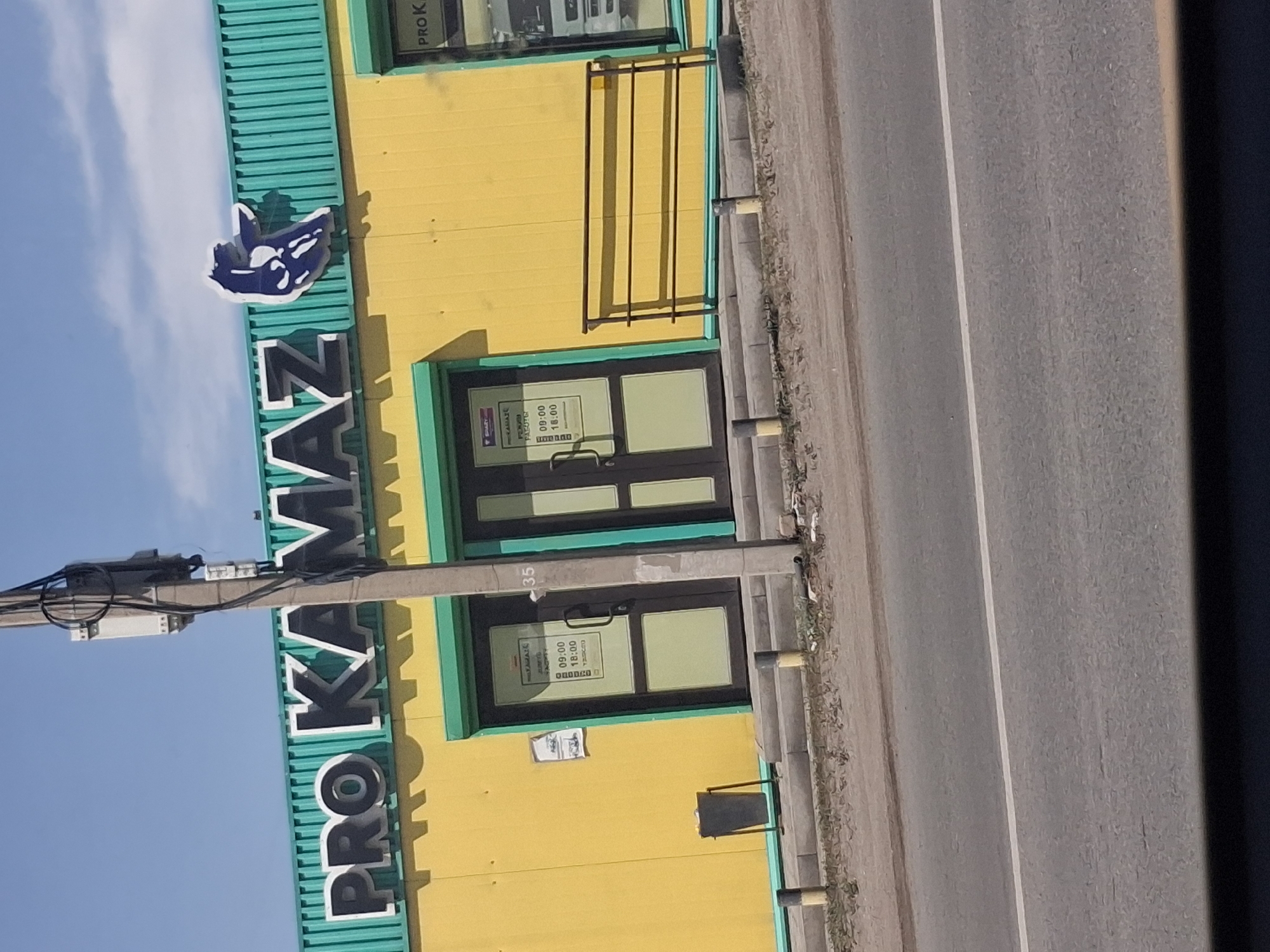 The image shows a storefront with the sign "PRO KAMAZ" in large white letters against a teal corrugated metal awning. A blue, stylized silhouette of a horse or mythical creature is attached to the awning to the right of the sign. The building's facade is bright yellow, with green trim around the windows and doors. Two identical double doors with dark frames and glass panels are visible. A sign on the left door indicates operating hours from 09:00 to 18:00. To the left of the doors, there is a trash can on the sidewalk. A utility pole with electrical equipment stands in front of the building. In front of the building, there is a railing with three horizontal bars. The scene is located on a street in the city of Semey, Kazakhstan, with an asphalt road in the foreground. The sky is blue with some clouds.