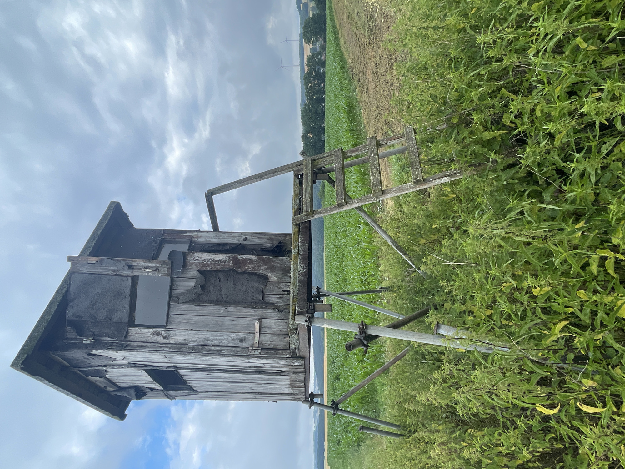 In a rural landscape near Hattendorf, Germany, a dilapidated wooden hunting blind stands elevated on metal poles amidst dense green foliage and a cornfield. The blind, weathered and showing signs of disrepair with peeling tarpaulin and loose wooden planks, features a simple wooden ladder leading up to its platform. Beyond the field, a line of trees and rolling hills can be seen, with two wind turbines visible in the distance under a cloudy sky. The overall impression is one of abandonment and the encroaching nature reclaiming a man-made structure in a rural setting.