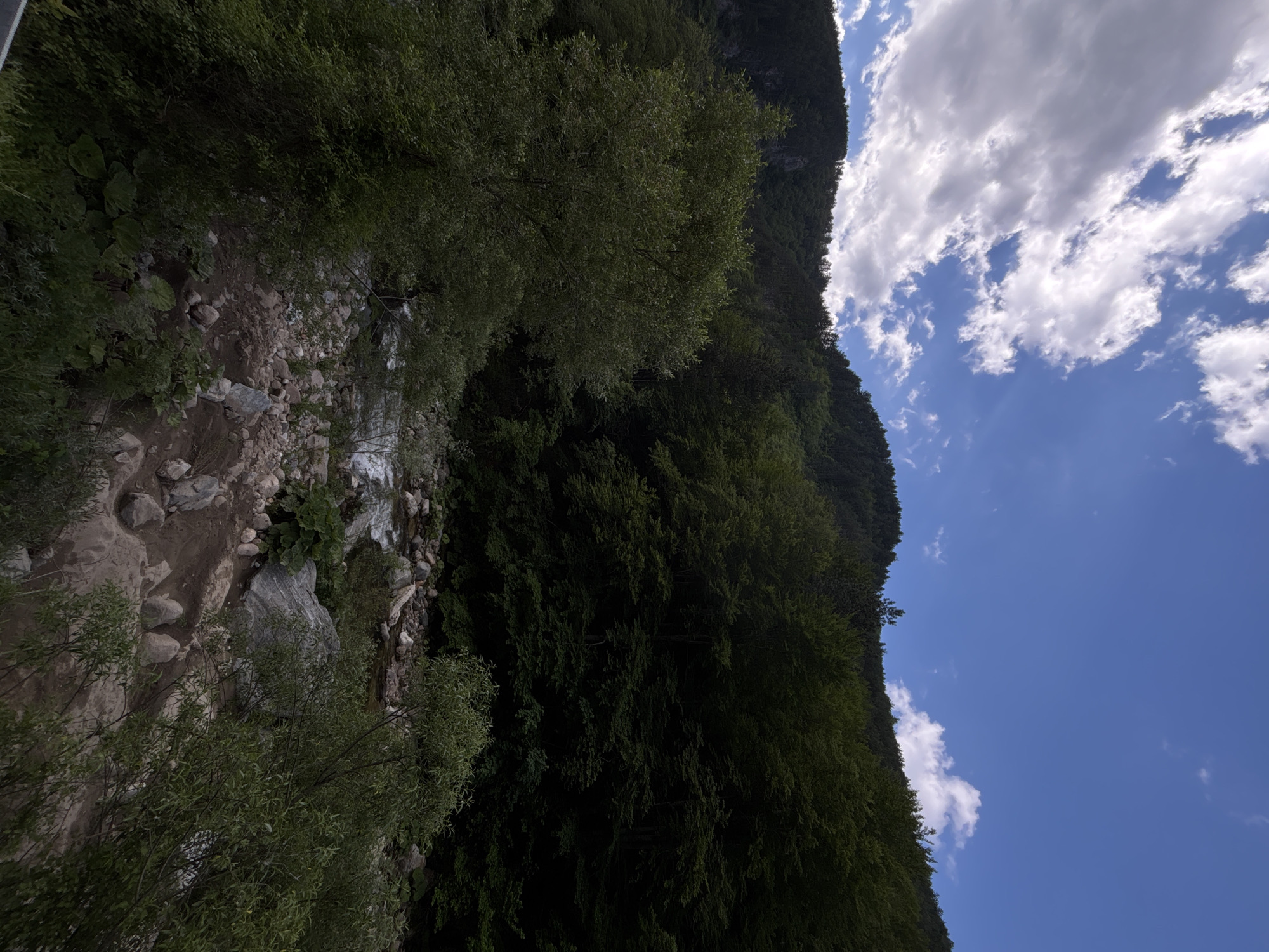 The image depicts a landscape featuring a steep mountainside covered in dense forest, adjacent to a rocky riverbed. The sky above is blue with scattered white clouds. The image is oriented vertically.