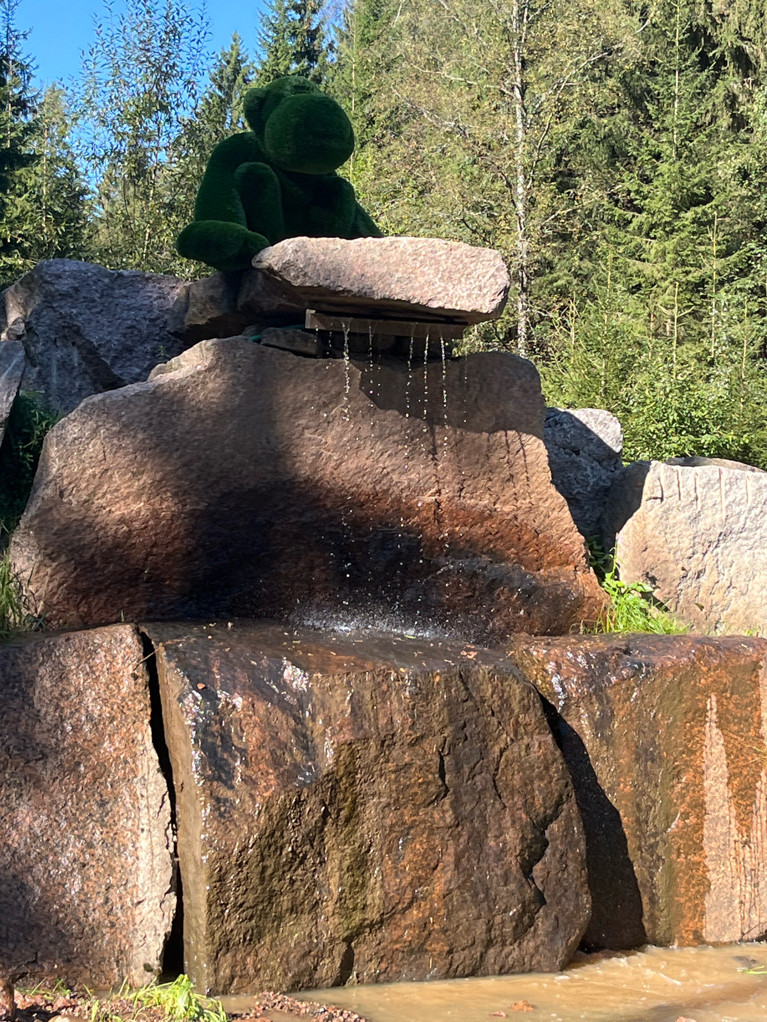In Okhtinskiy Park, Russia, a moss-covered sculpture of a frog sits atop a rock formation. The frog, rendered in a deep green, is positioned in a relaxed, seated pose. Below the frog, a flat stone acts as a spout, from which water cascades down the rocks. The rocks themselves are of varying sizes and textures, with some appearing smooth and wet from the water flow. The background features a dense forest of evergreen trees under a clear blue sky. Sunlight illuminates the scene, casting shadows on the rocks and highlighting the water droplets. The overall impression is of a naturalistic art installation integrated into the park's environment.